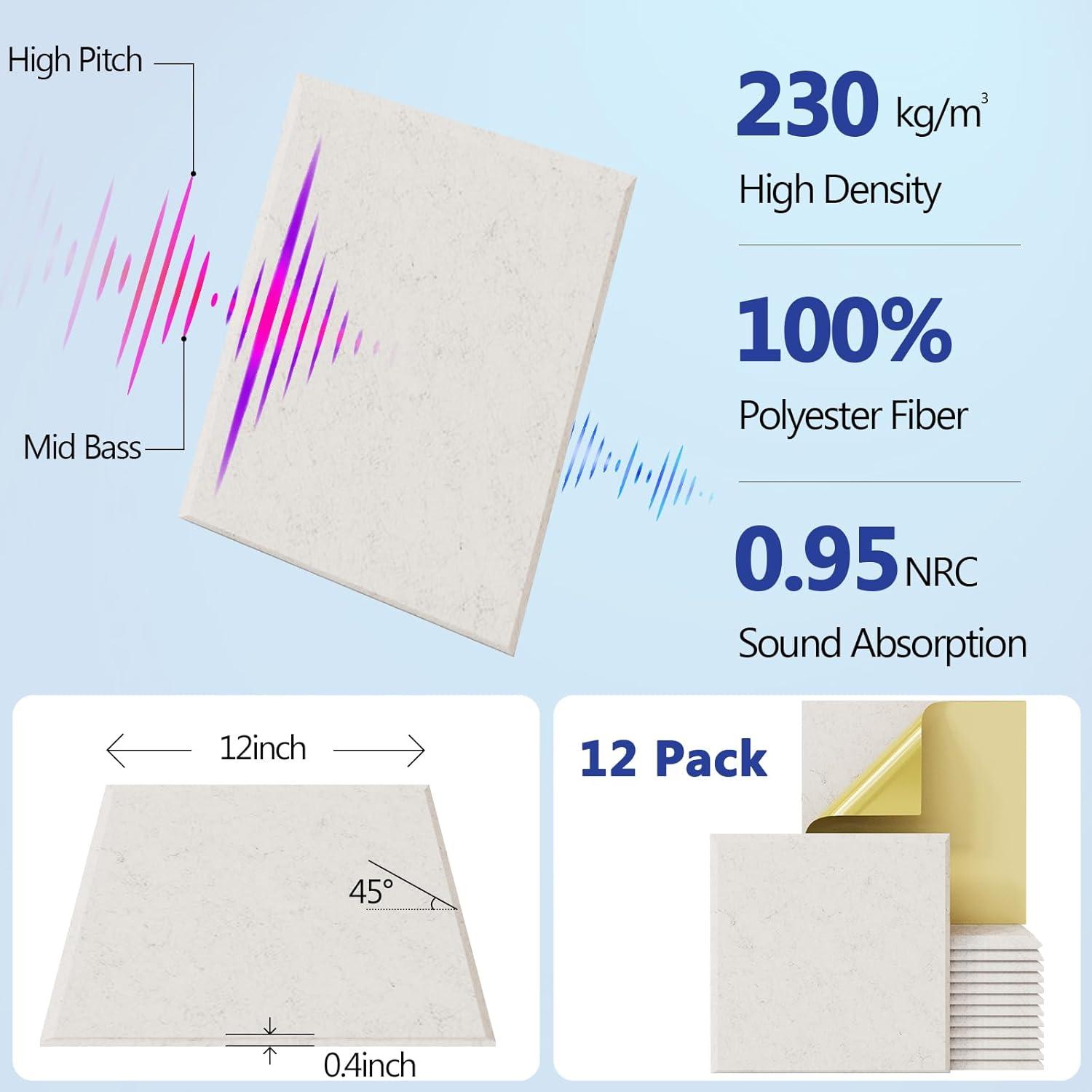 Acoustic Panelss, Kuchoow 12 Pack Self-Adhesive Acoustic Panels Sound Proof Noise Cancelling Wall Panels Sound Dampening Panels For Wall Door 12" X 12" X 0.4" White