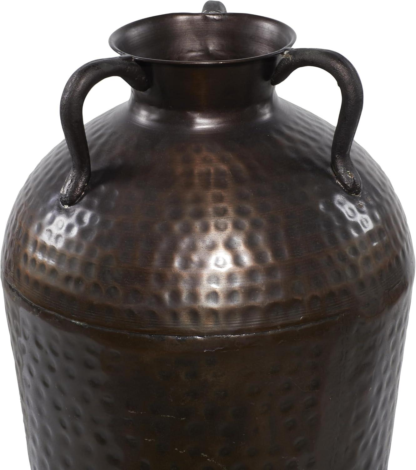 DecMode 32" Tall Floor Mediterranean Style Brown Metal Vase with Hammered Details and Handles