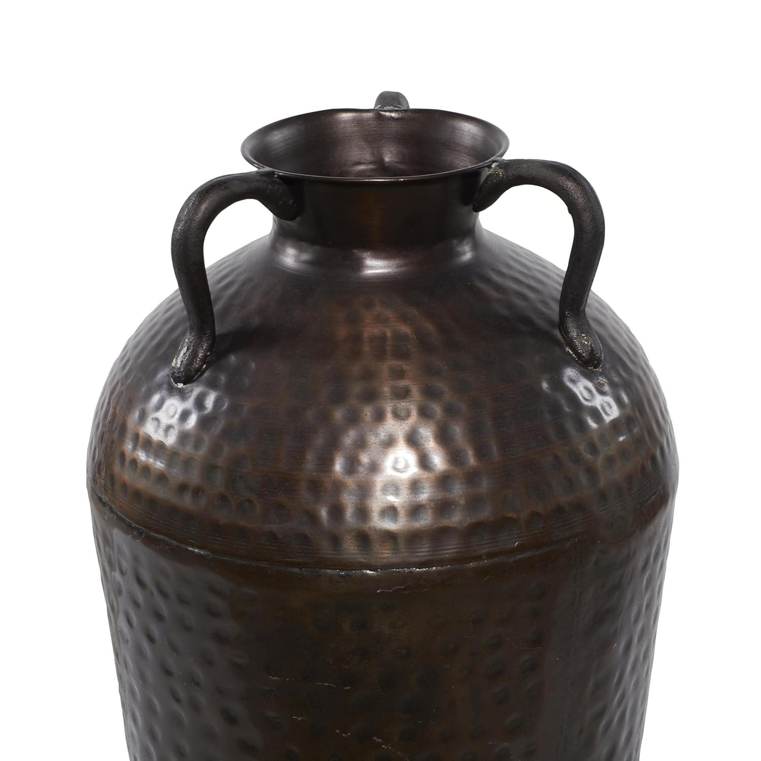 DecMode 28" Tall Floor Mediterranean Style Brown Metal Vase with Hammered Details and Handles