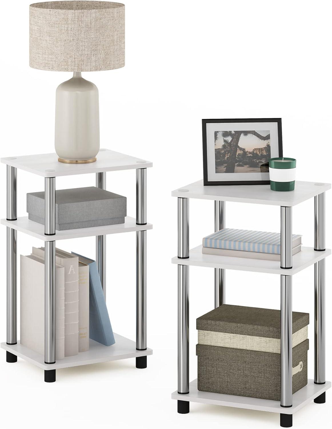 Furinno Just 3-Tier Turn-N-Tube End Table, 2-Pack, White Oak/Chrome