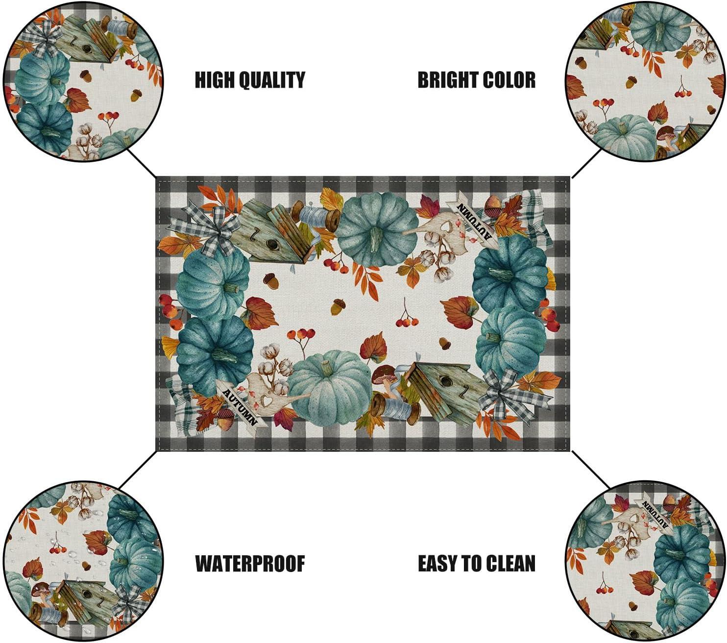 Linen Fall Placemats Set of 4 Blue Pumpkin Table Mats Buffalo Plaid Autumn Maple Leaves Pumpkin Decor Harvest Fall Harvest Decorations and Supplies for Home Kitchen Table-12×18''''