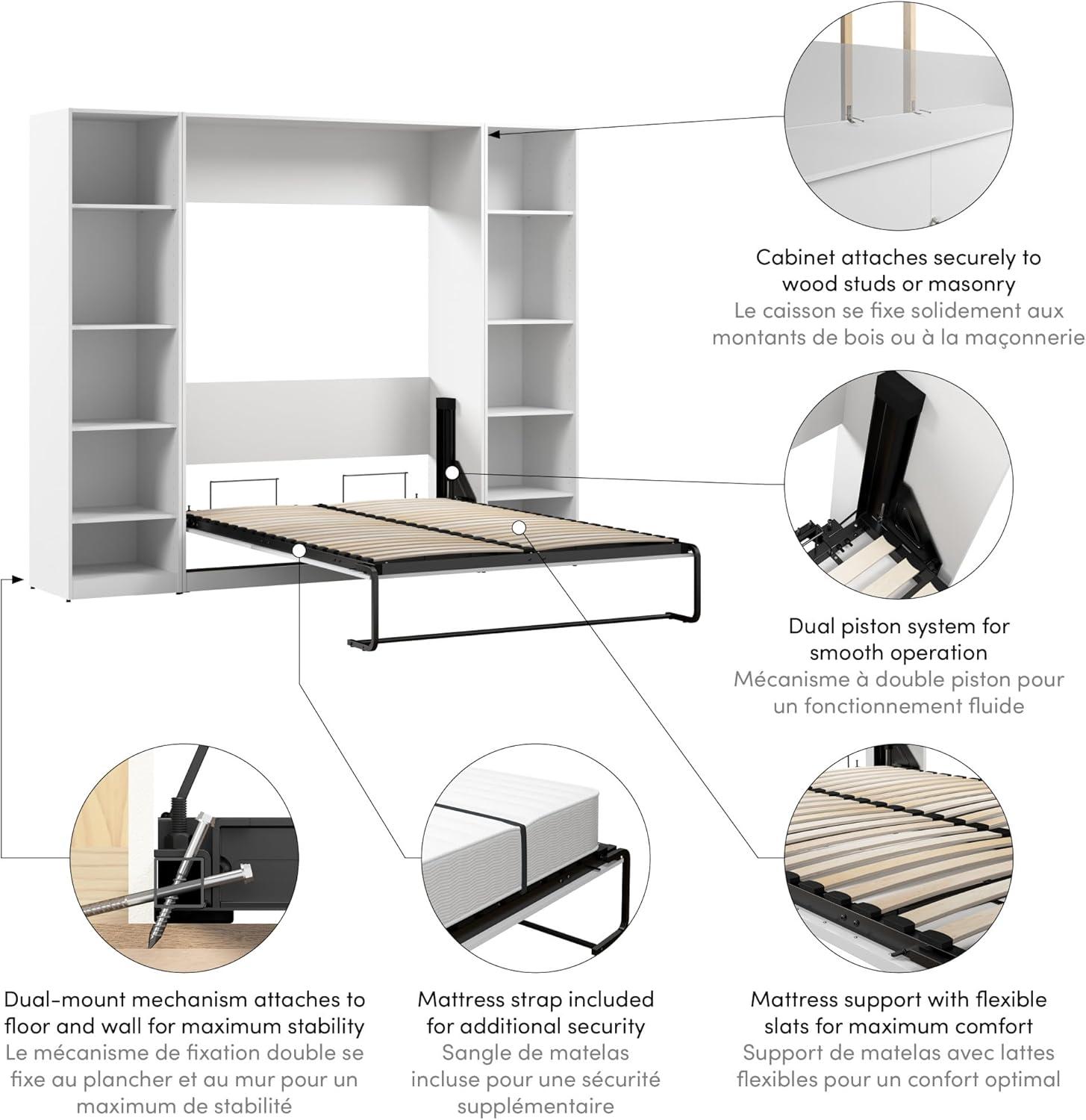 White Full Murphy Bed with Wood Frame and Closet Organizers