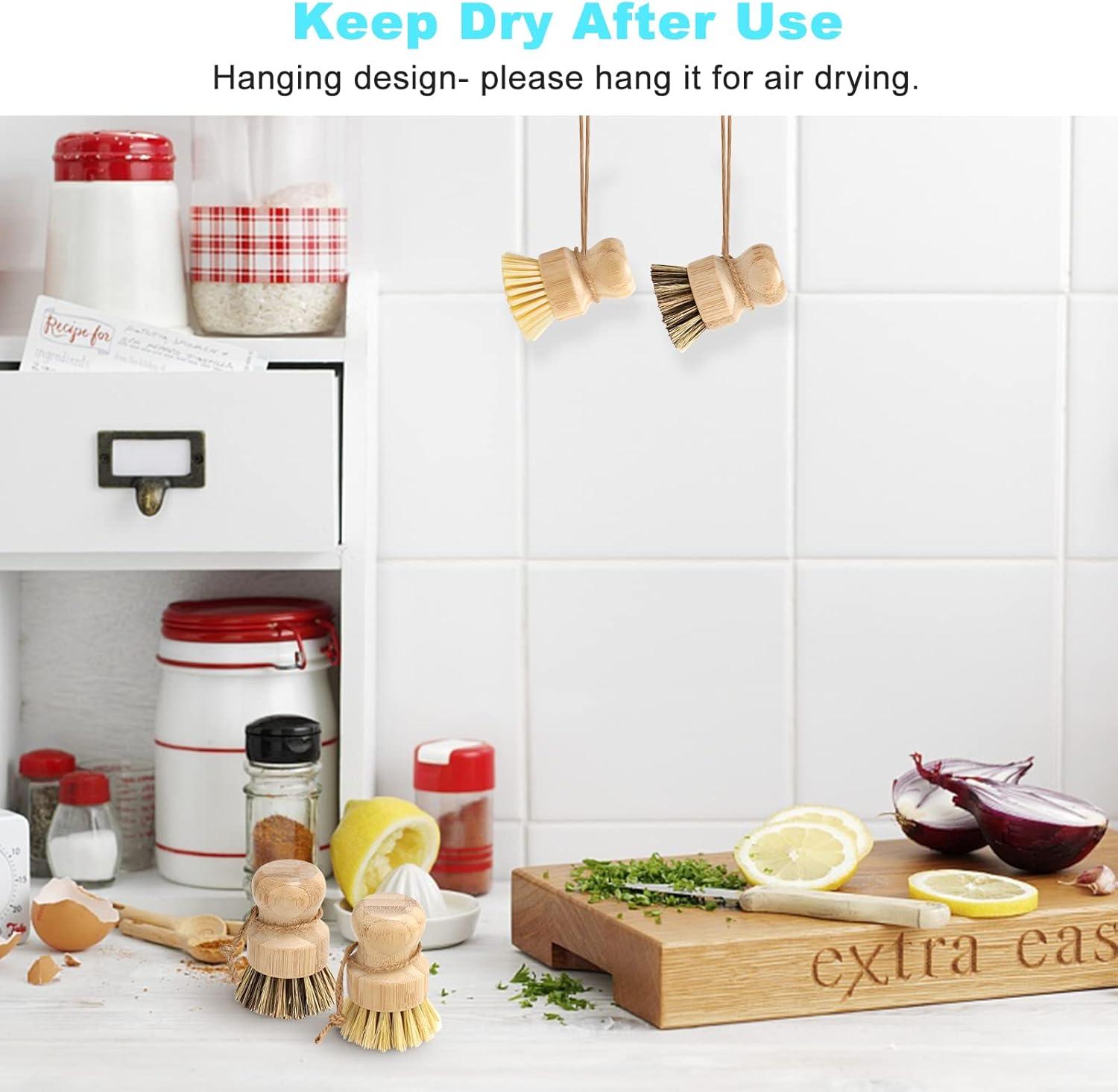 Bamboo Dish Brush Set, 4 Pcs Palm Wooden Dish Scrubber Brush, Dish Brushes, Durable Wood Dishes Scrub Brush, Natural Round Vegetable Cleaning Pots Pans Sink Washing Kitchen Brush by Aisuly