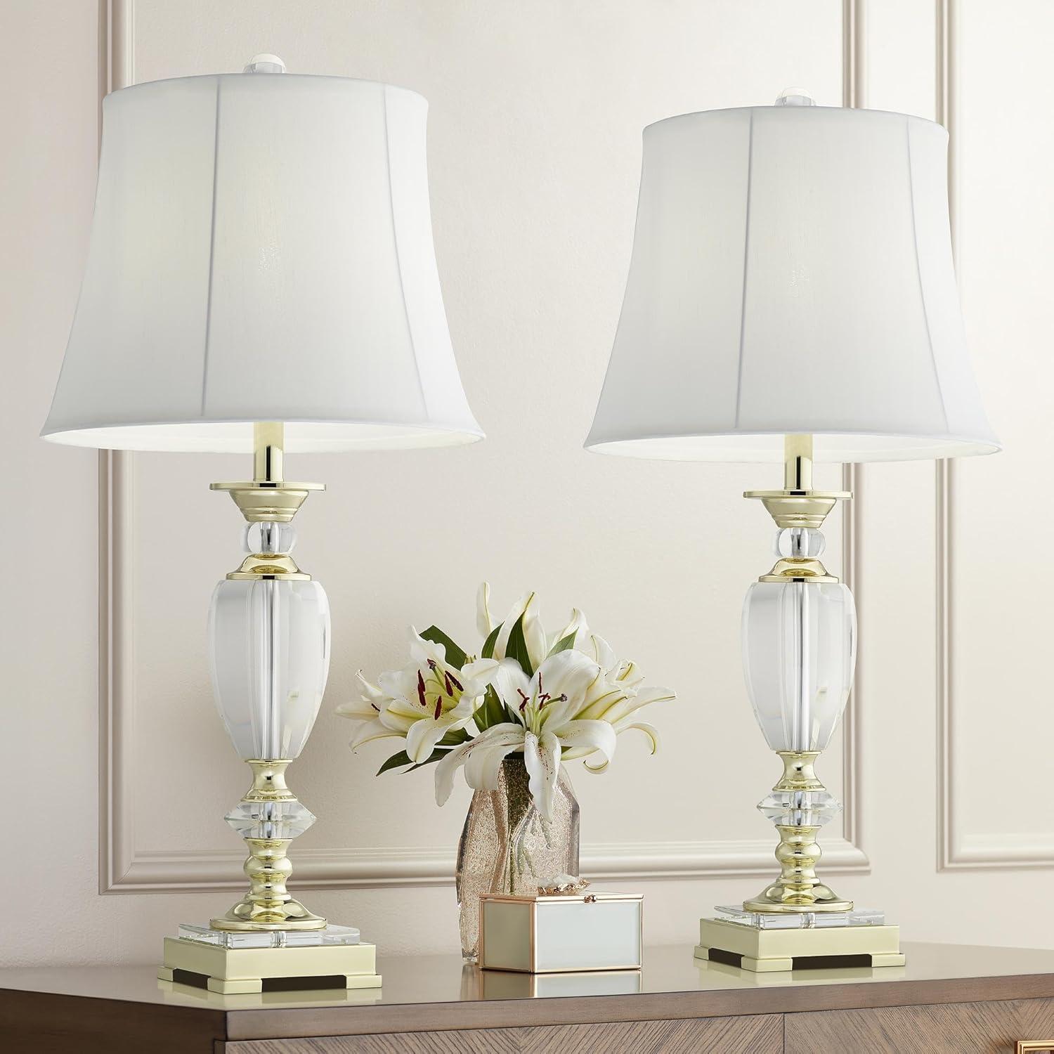 Vienna Full Spectrum Traditional Table Lamps 28.75" Tall Set of 2 Faceted Crystal and Brass White Bell Shade for Living Room Family Bedroom