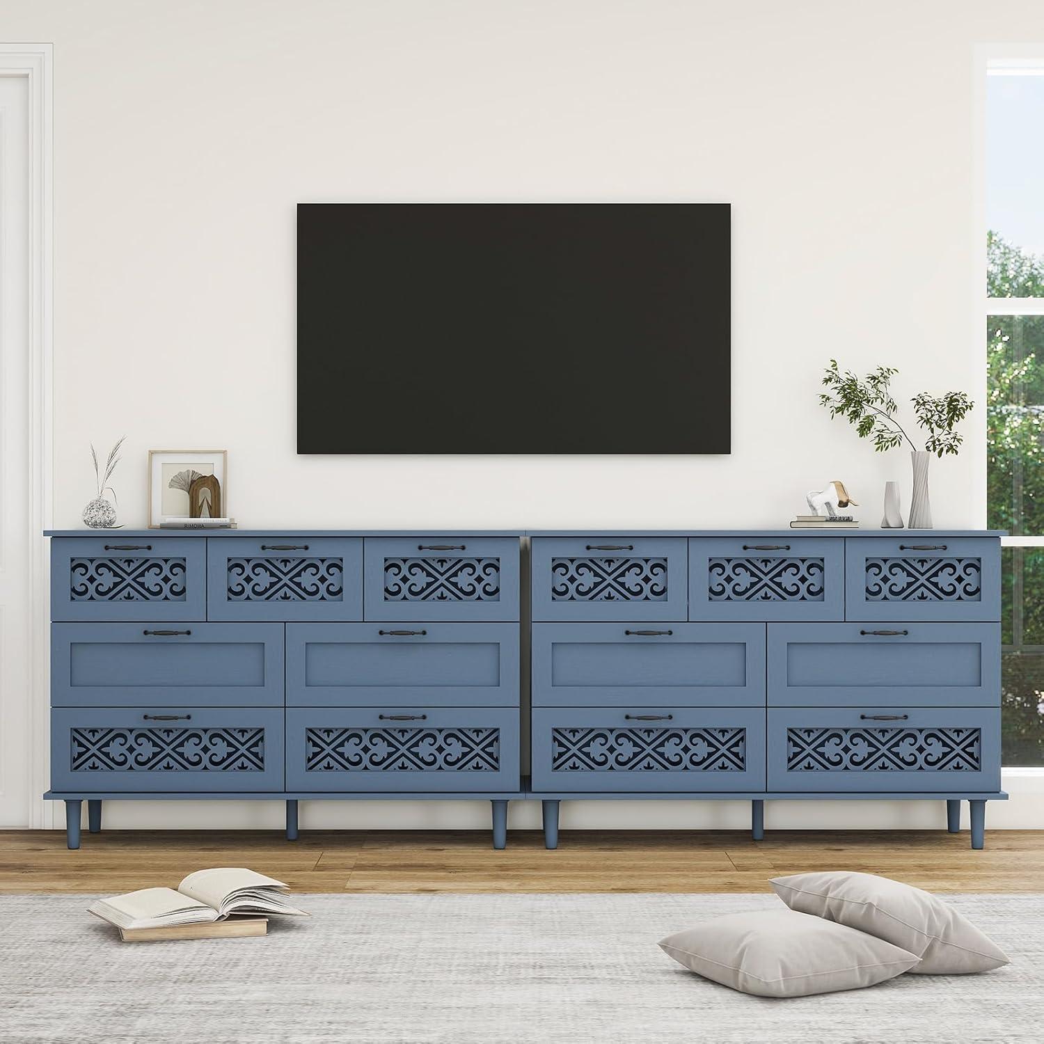 Sideboard Buffet Cabinet with Storage - Accent Storage Cabinet with Hollow Carved Pattern, Modern 2 Door 3 Drawer Cabinet, Farmhouse Wood Credenza for Living Room, Dining Room (Blue)