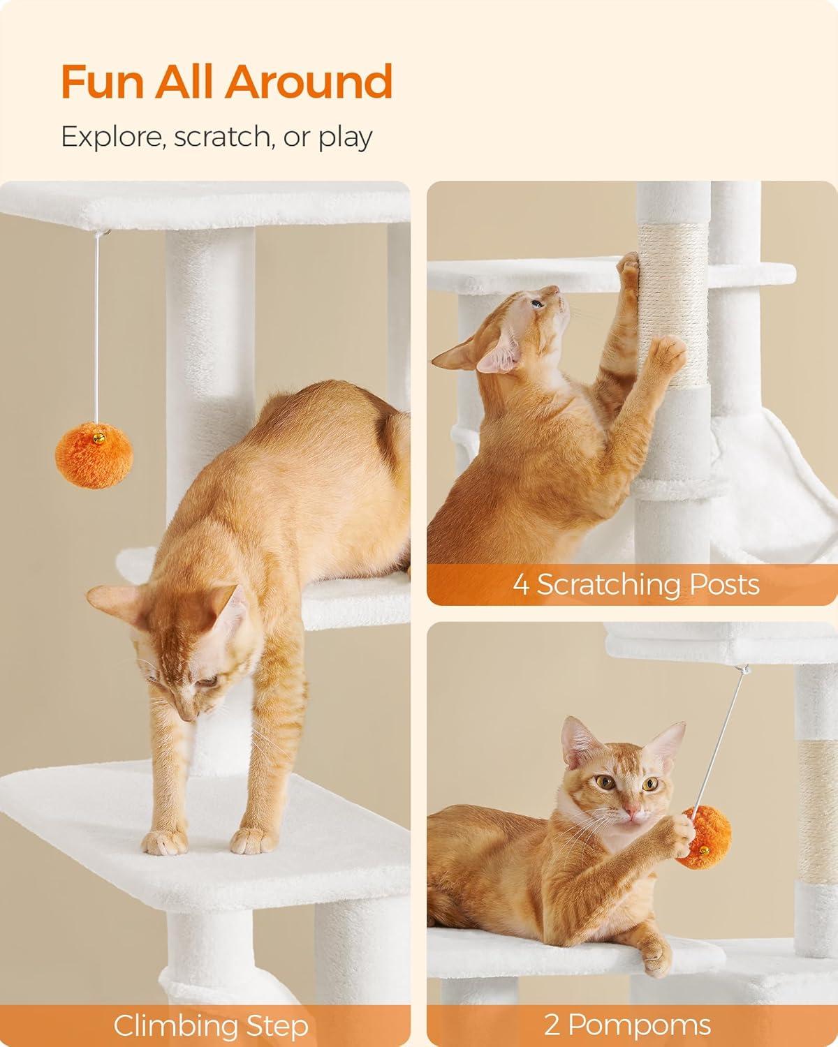 Cream White Multi-Level Cat Tree with Hammock and Scratching Posts