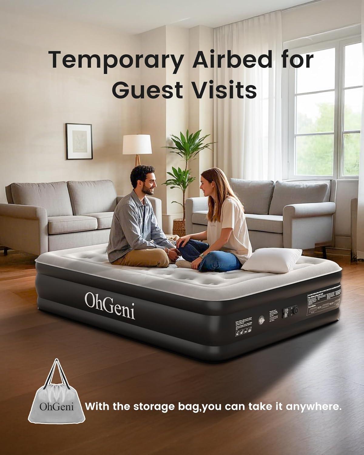 OhGeni Queen Raised Black PVC Air Mattress with Pump
