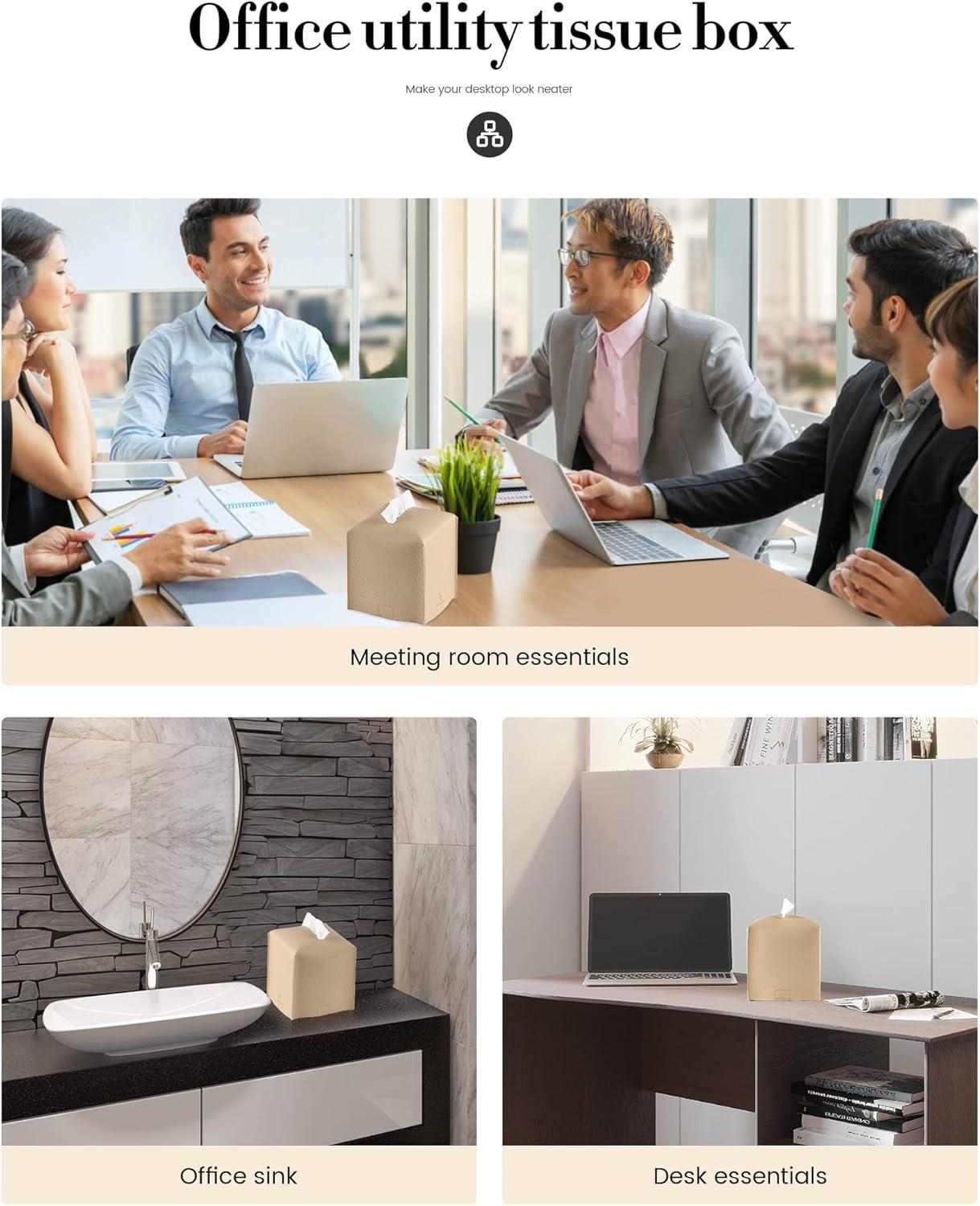 Tissue Box Cover, Square PU Leather Tissue Box Holder, Modern Tissue Case Facial Paper Organizer Dispenser，5X5X5'',Double Beige