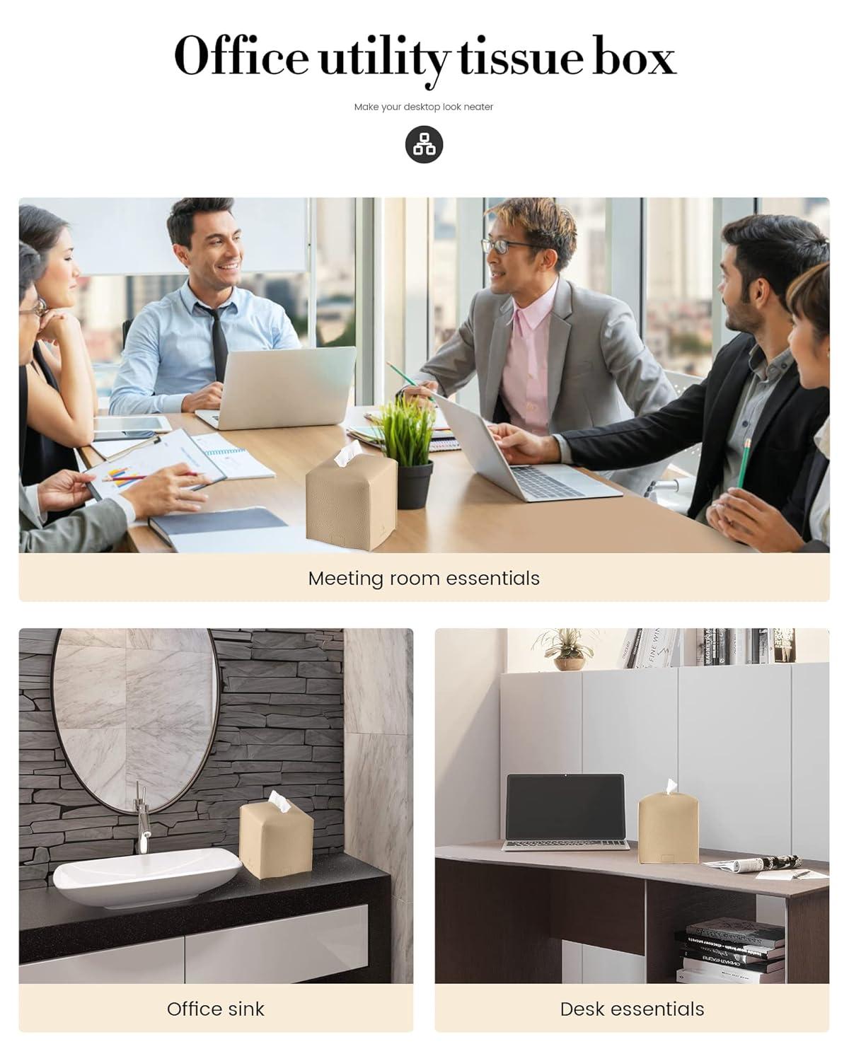 Tissue Box Cover, Square PU Leather Tissue Box Holder, Modern Tissue Case Facial Paper Organizer Dispenser，5X5X5'',Double Beige