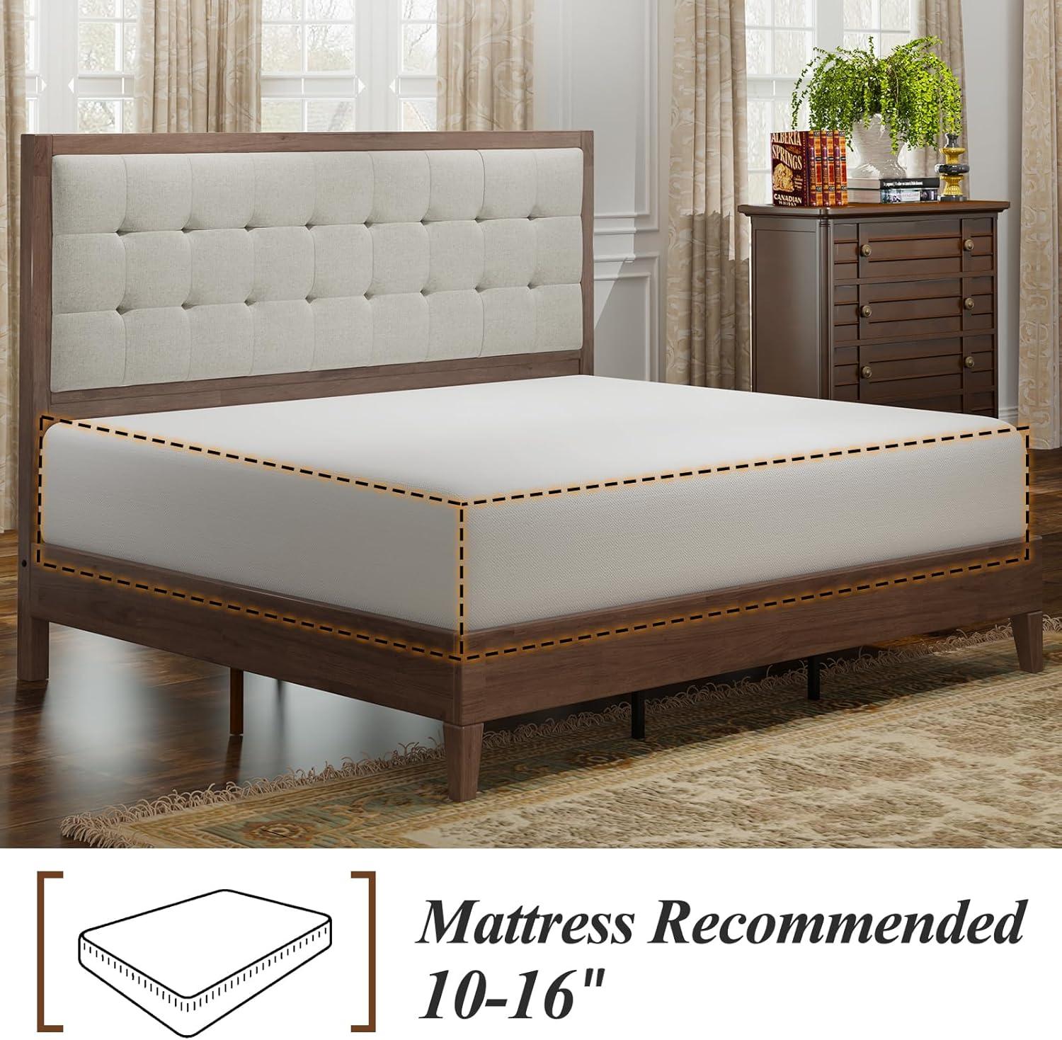 Merluxy Queen Bed Frame, Wood Platform Bed with Upholstered Headboard, Walnut