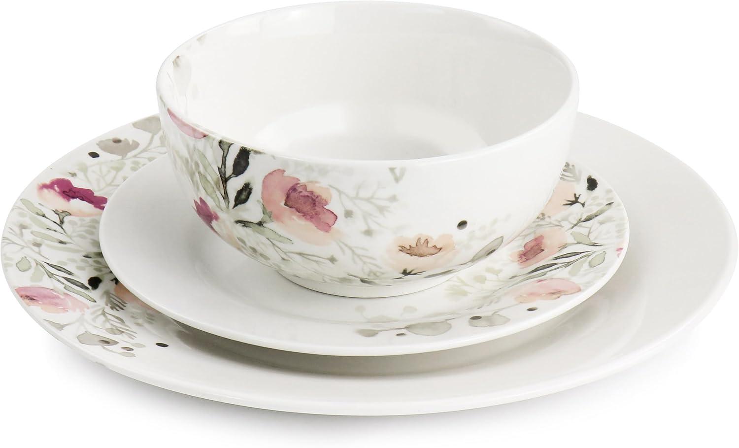 12pc Home Lily Garden Ceramic Dinnerware Set White/Pink