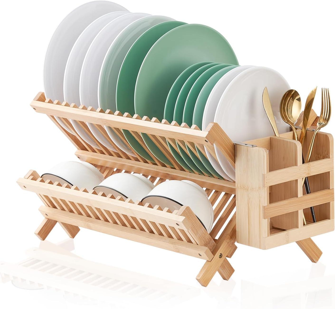 Foldable Bamboo 2-Tier Dish Drying Rack with Utensil Holder