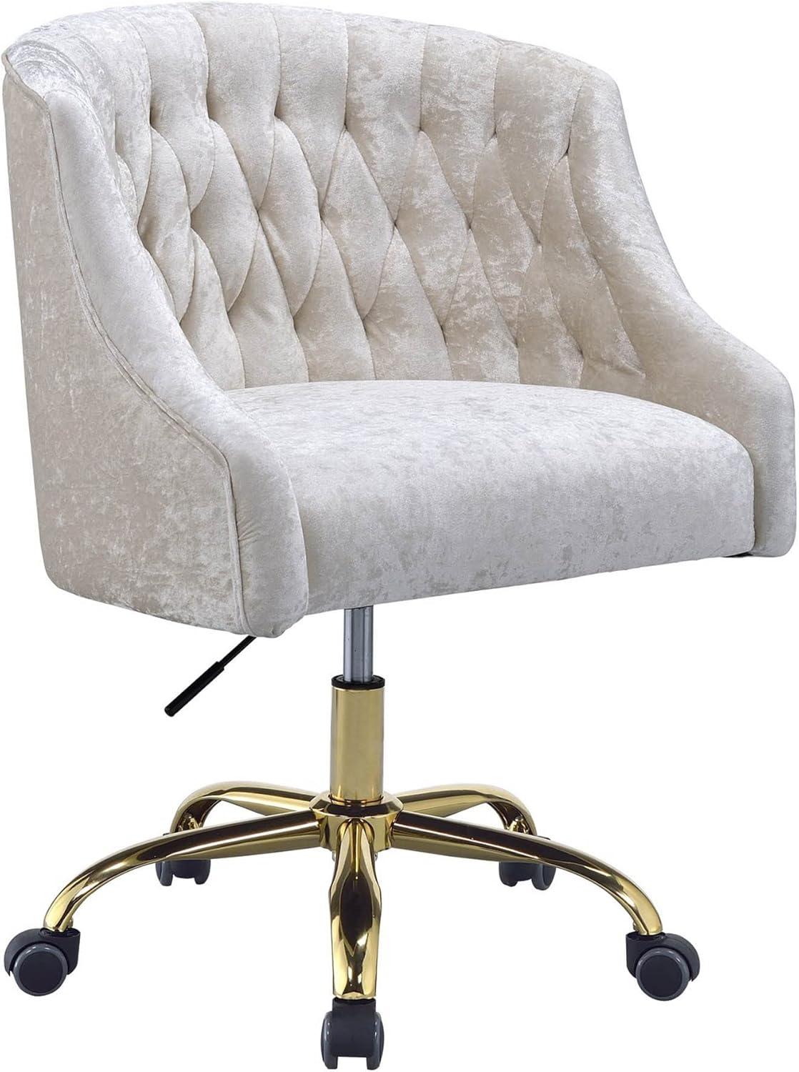 Benzara Swivel Velvet Upholstered Office Chair with Adjustable Height and Metal Base, Cream and Gold