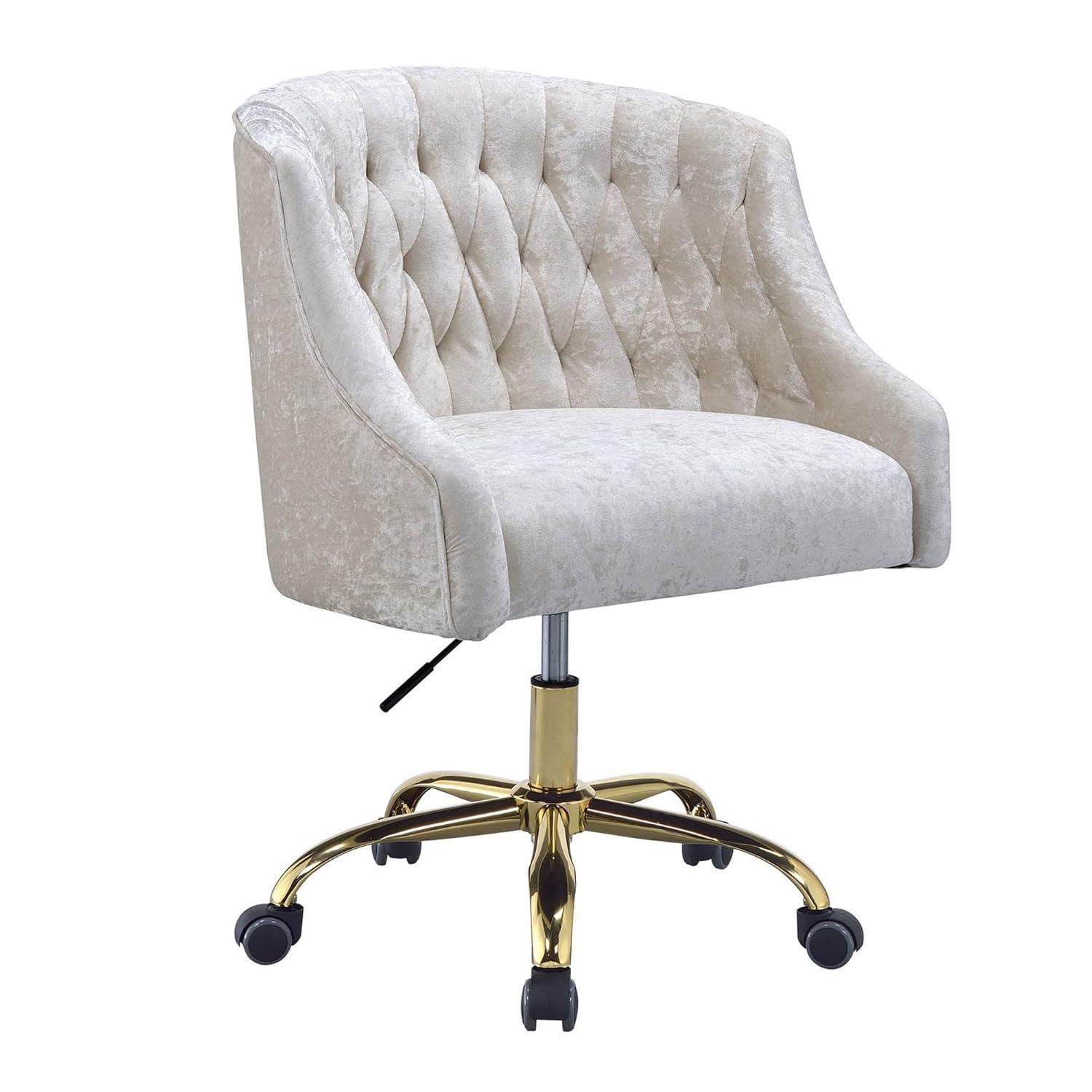 Benzara Swivel Velvet Upholstered Office Chair with Adjustable Height and Metal Base, Cream and Gold