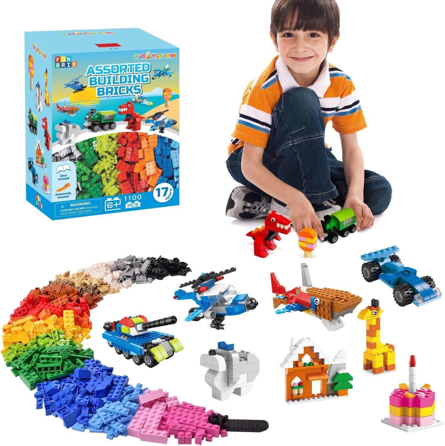Fun Little Toys 1100 Pcs Building Bricks, 17 Colors & 147 Mixed Shapes, Compatible with Major Brands STEM Toy Set for Kids 3-12