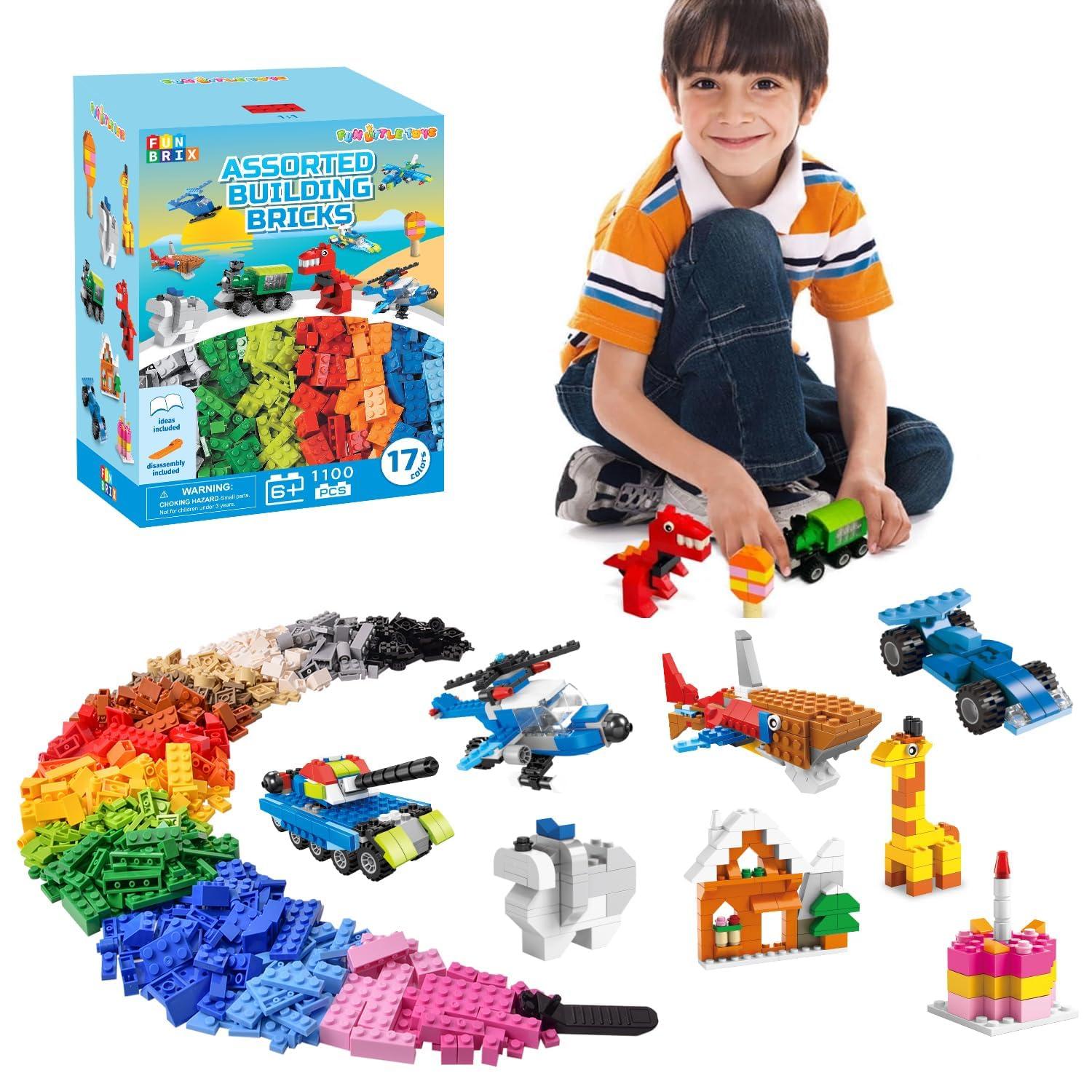Fun Little Toys 1100 Pcs Building Bricks, 17 Colors & 147 Mixed Shapes, Compatible with Major Brands STEM Toy Set for Kids 3-12