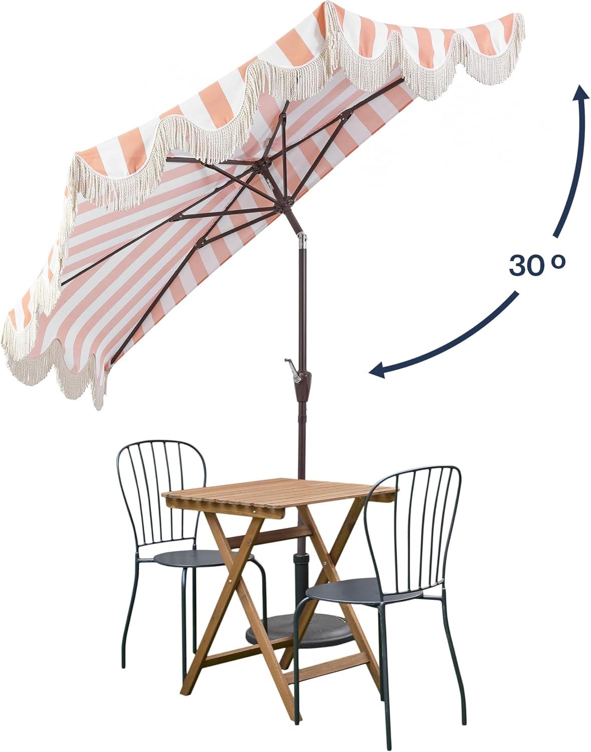 JONATHAN Y Half Umbrella UMB1201E Beverly 9 ft. Designer Classic Scalloped Fringe Market Patio with Crank, Push Button Tilt and UV Protection in Coral Pink/White