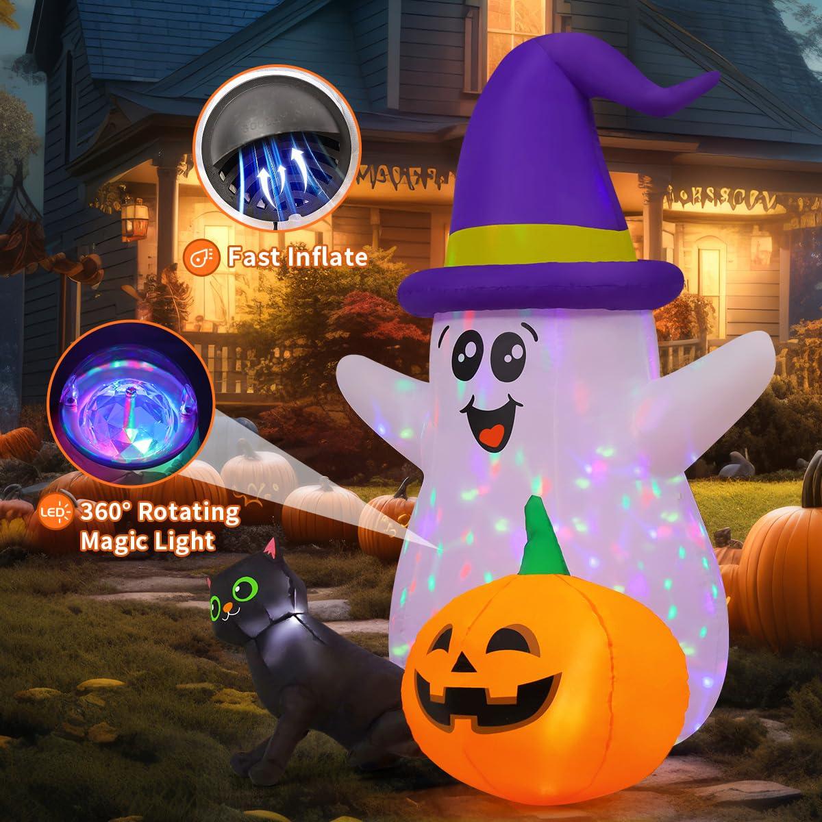 5 FT Halloween Inflatables Ghost Outdoor Decorations Blow Up Yard Cute Wizard Ghost With Pumpkin Black Cat With Built-In Leds For Garden Lawn Indoor Party Decor