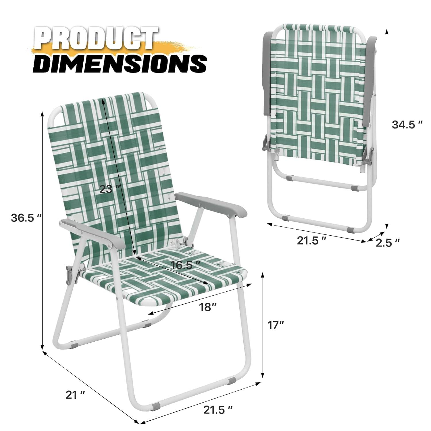 MoNiBloom Folding Webbed Beach Chairs Set of 2, Portable Camping Woven Seats with Armrests, for Outdoor Patio Lawn, Dark Green