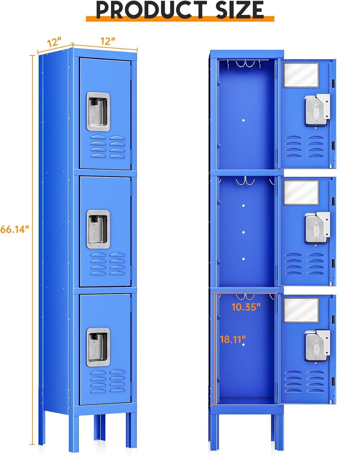 Blue Triple-Tier Lockable Steel Office Locker Cabinet