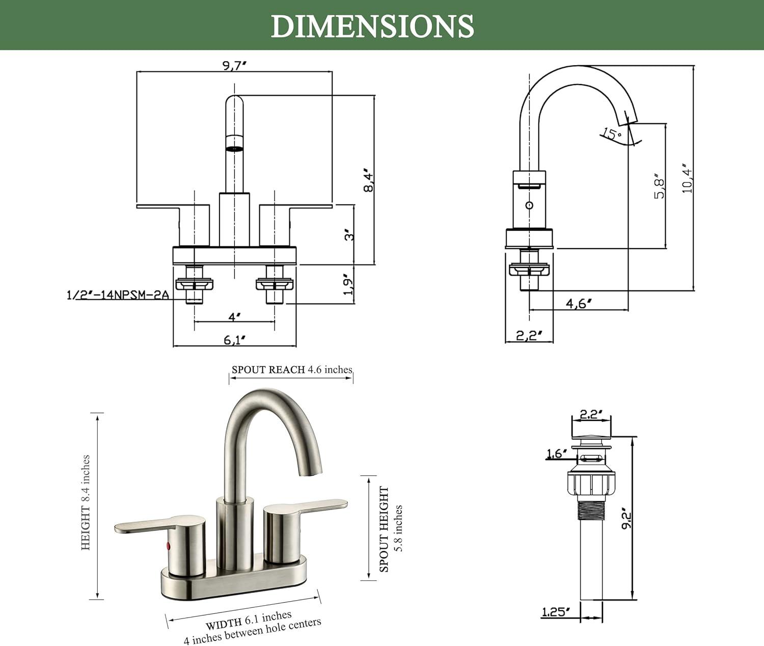 Brushed Nickel Centerset Bathroom Sink Faucet 2 Handle Vanity Mixer withDrain