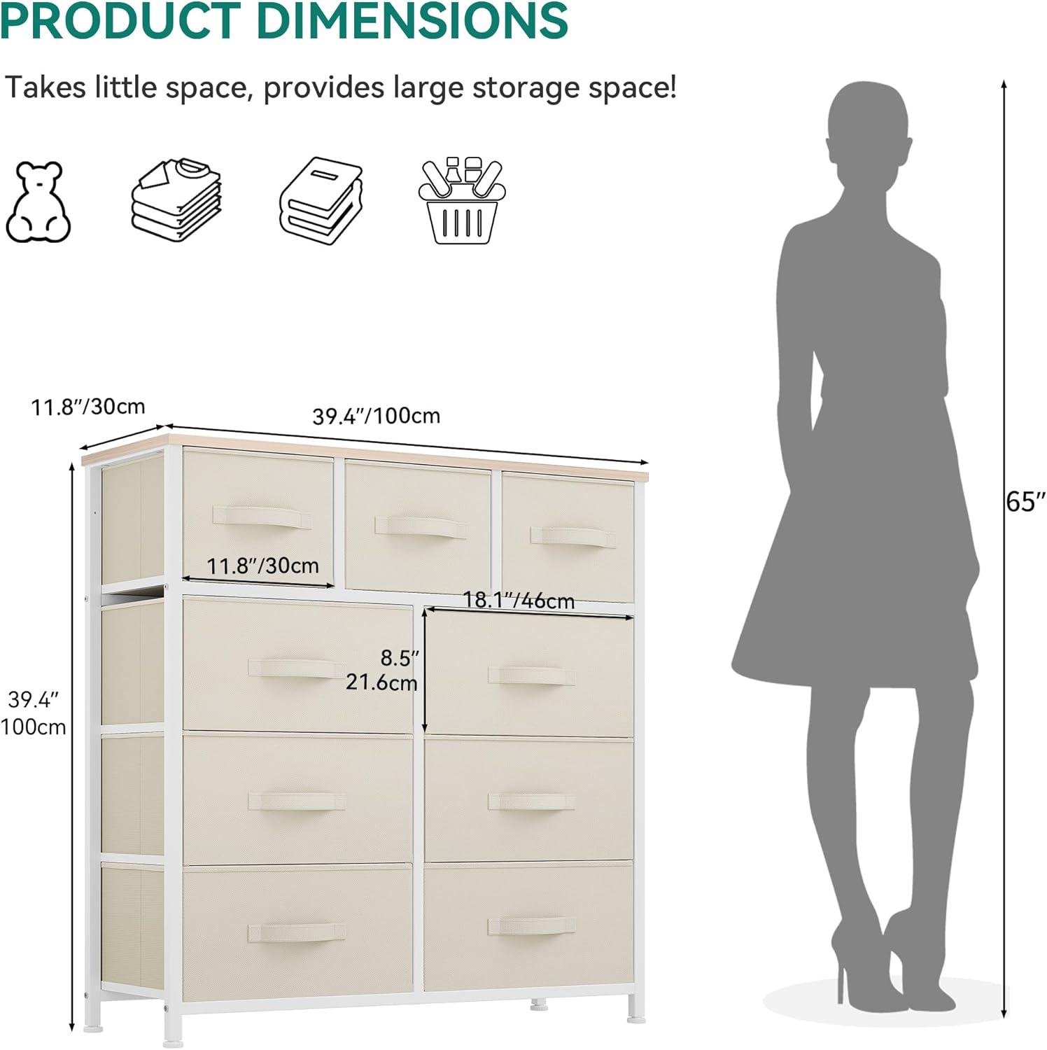 Uforic Drawer Dressers For Bedroom, 9 Storage Dresser Fabric Unit for Living Room, Hallway, and Closets, Cream White