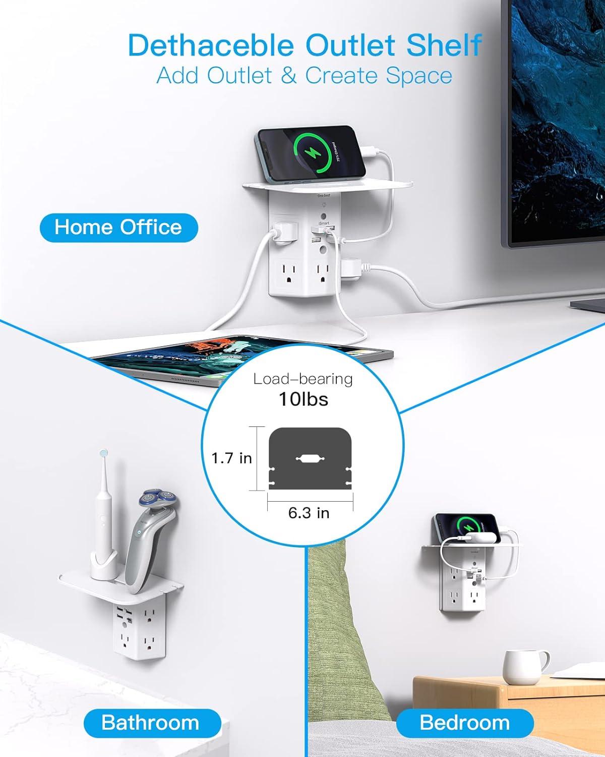 Multi Plug Outlets, Wall Outlet Extender with Night Light and Outlet Shelf, Surge Protector 4 USB Ports(1 USB C), USB Wall Charger Power Strip Electric Outlet Splitter for Home Office White