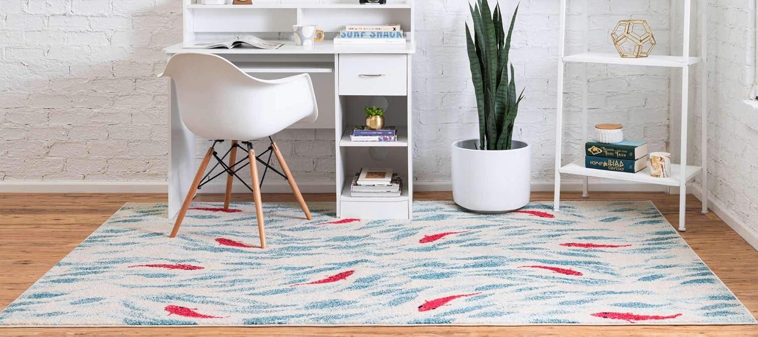 Positano Beige and Red Marine Motif Rectangular Rug