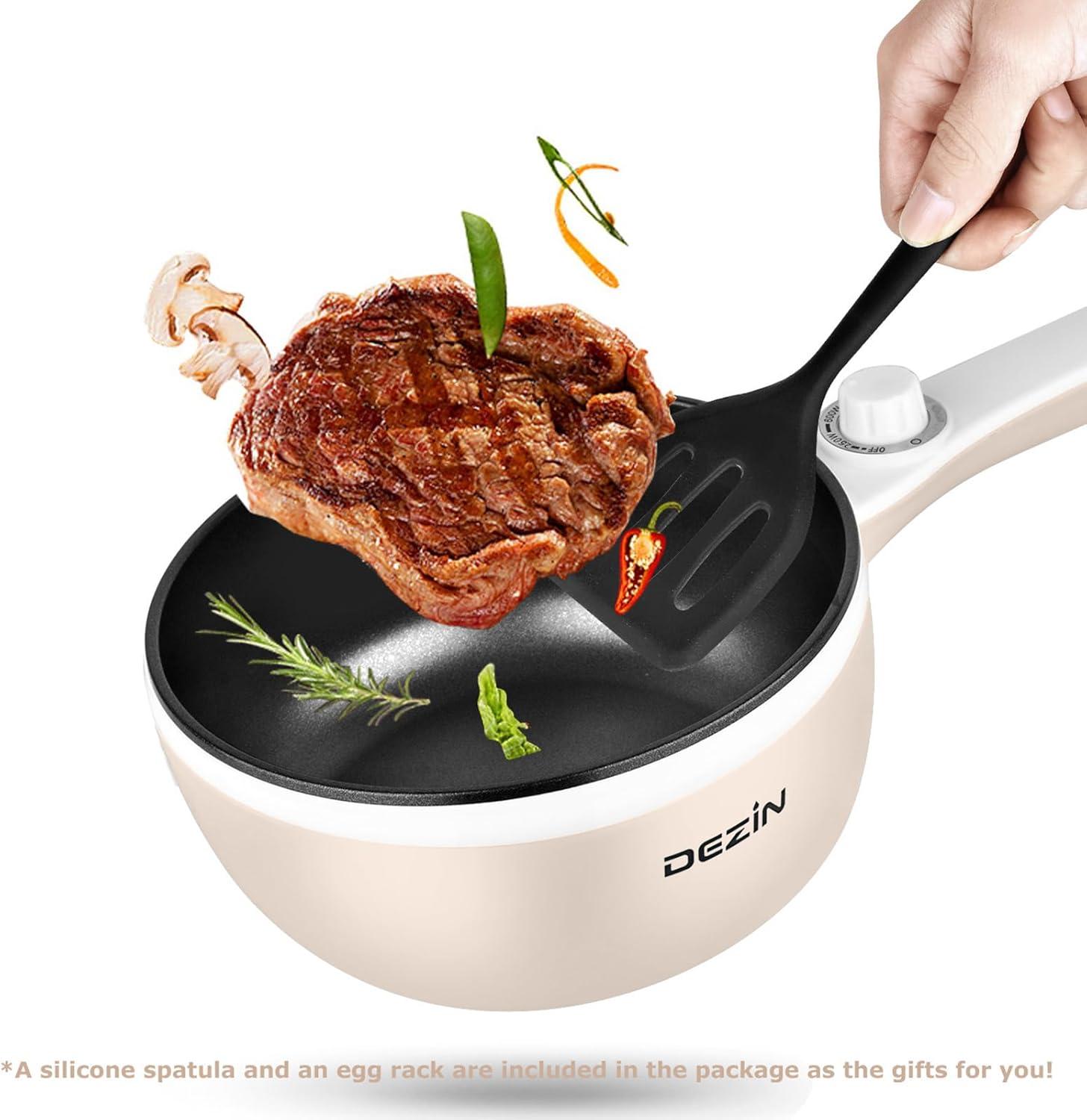 Dezin Electric Hot Pot Upgraded, Non-Stick Sauté Pan, Rapid Noodles Cooker, 1.5L Mini Pot for Steak, Egg, Fried Rice, Ramen, Oatmeal, Soup with Temperature Control, Beige (Egg Rack Included)