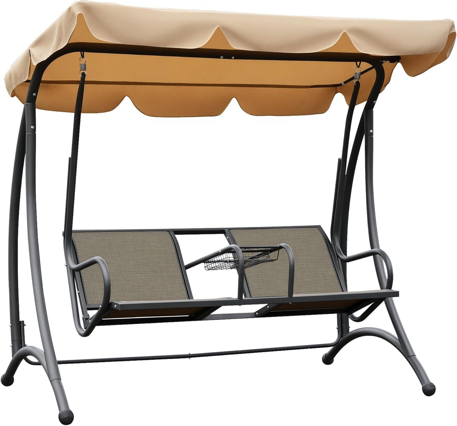 Outsunny 2-Person Porch Swing, Outdoor Patio Swing Bench with Adjustable Tilt Canopy, Cup Holder and Storage Tray, Steel Frame, Brown