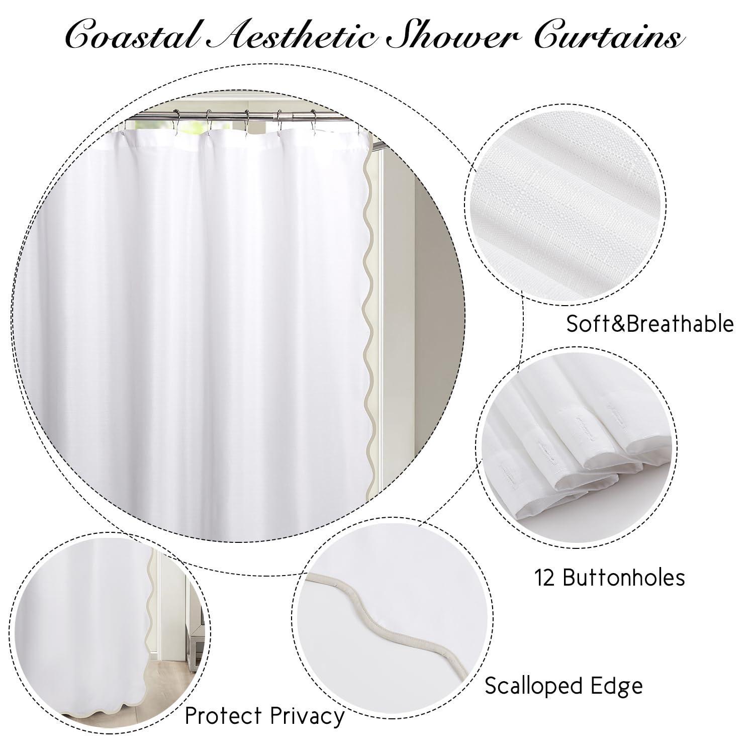 Boho Chic Aesthetic Scallop Edge Shower Curtain, Decorative Coastal Bathroom Curtain for Home Decor, 72 x 72 White and Navy Elegant Minimalist Textured Cloth Bath Curtain (LQ-36)