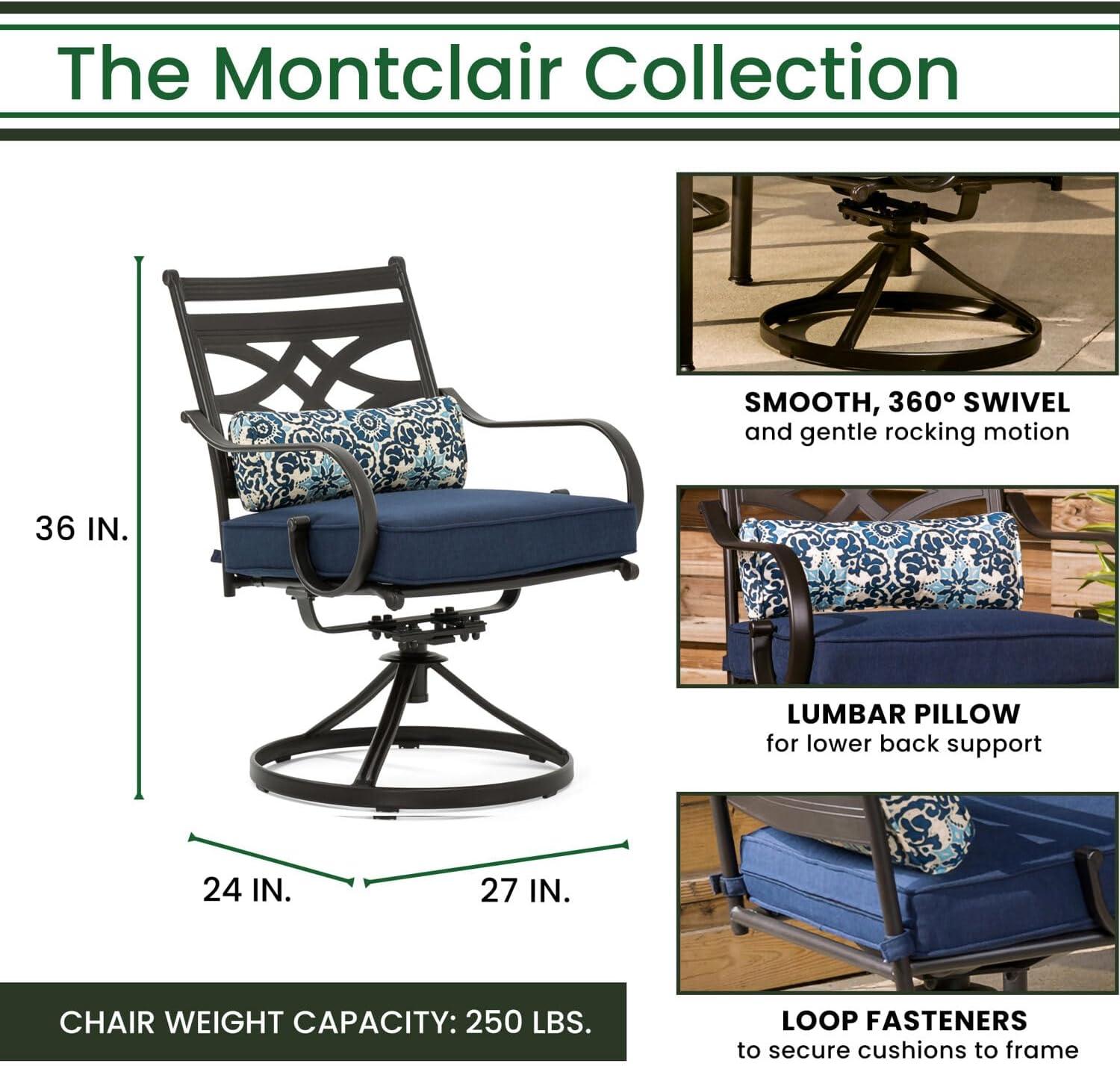 Hanover Montclair 3-Piece All-Weather Outdoor Patio Bistro Dining Set, 2 Swivel Rocker Chairs with Comfortable Seat and Lumbar Cushions, 27" Square Stamped Rectangle Table, MCLRDN3PCSW2-NVY