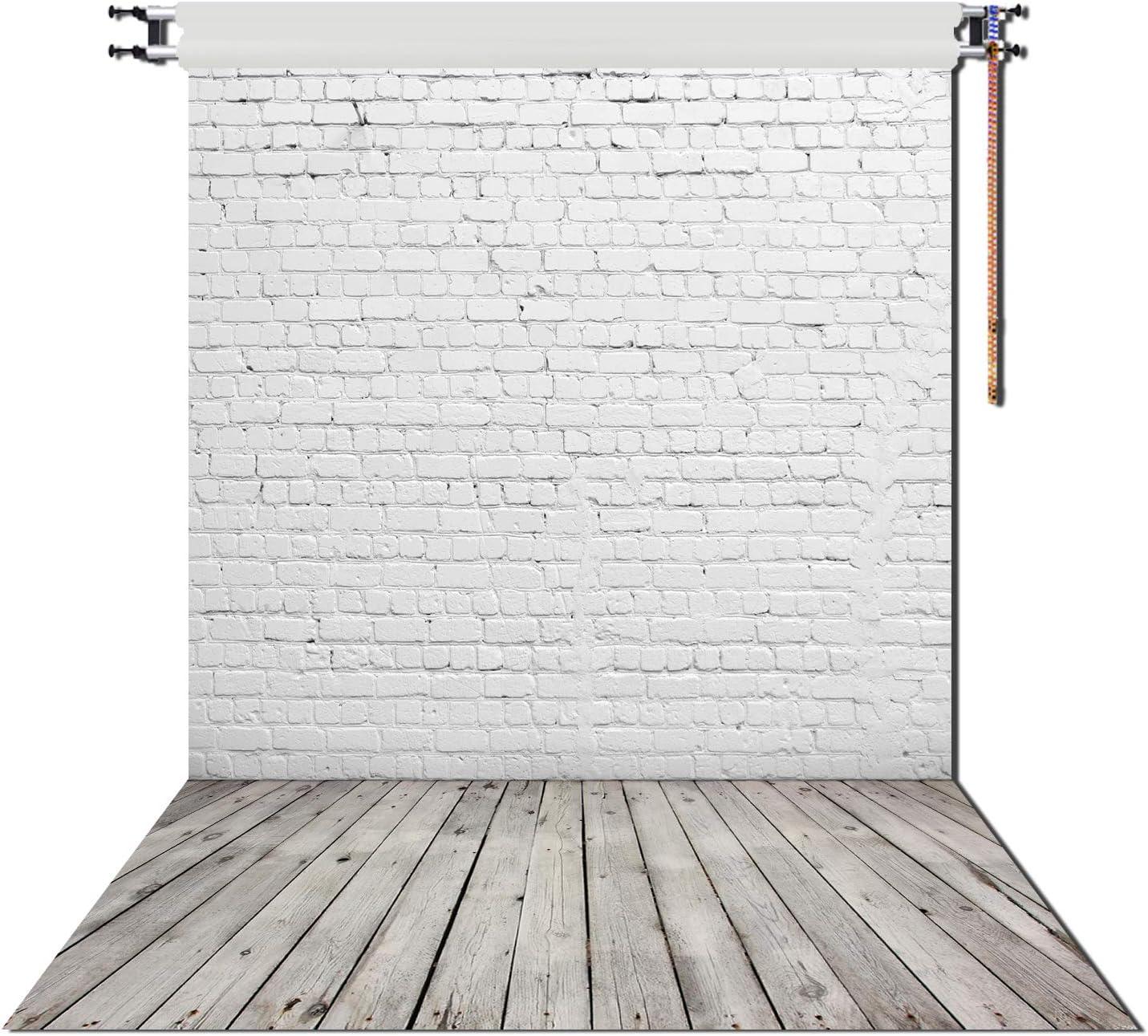 White Brick Wall with Gray Wooden Floor Vinyl Photography Backdrop 5x7ft