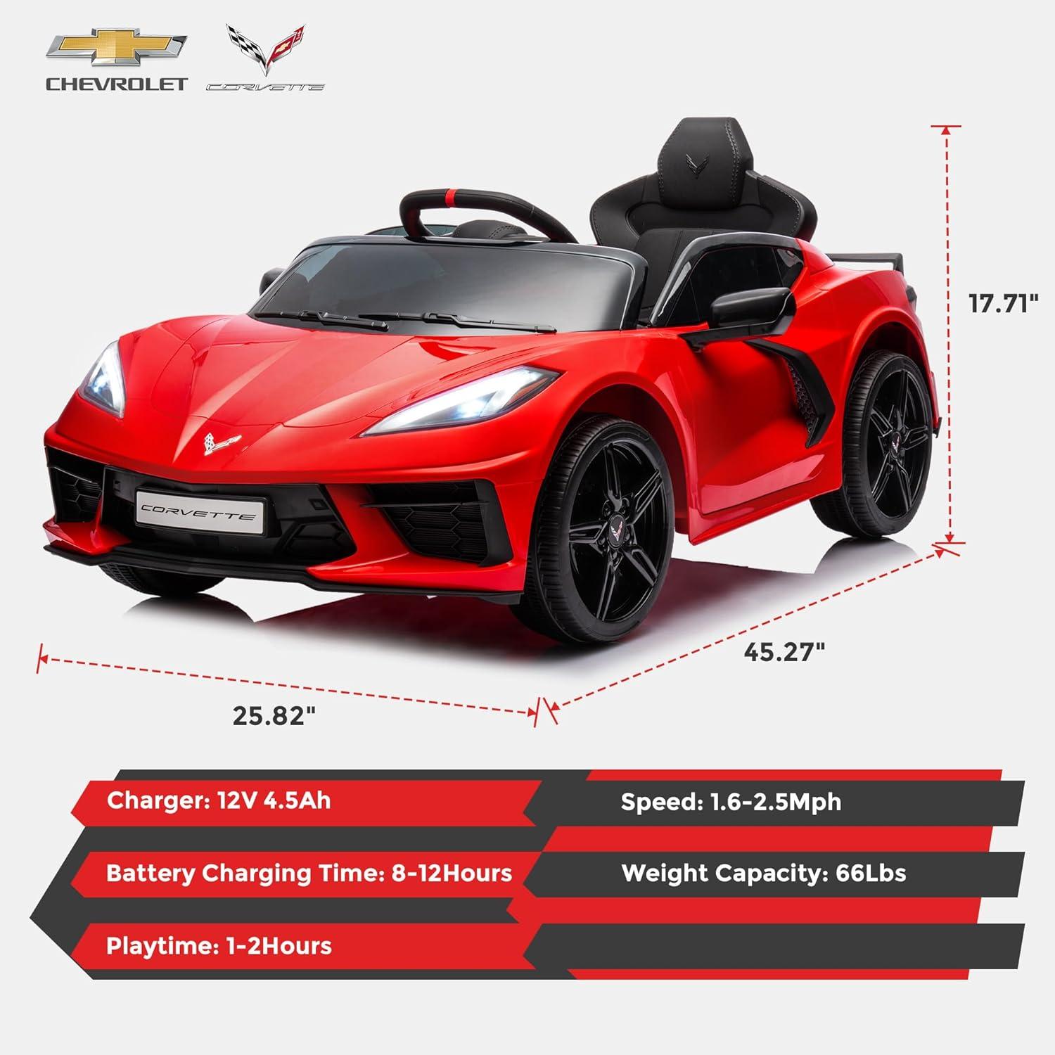 FUNTOK Licensed Chevrolet Corvette C8 12V Kids Electric Ride on Car Toy, Battery Powered Car Truck with Remote Control, Bluetooth, 3 Speeds, LED Headlight, Music Player & Spring Suspension, Red