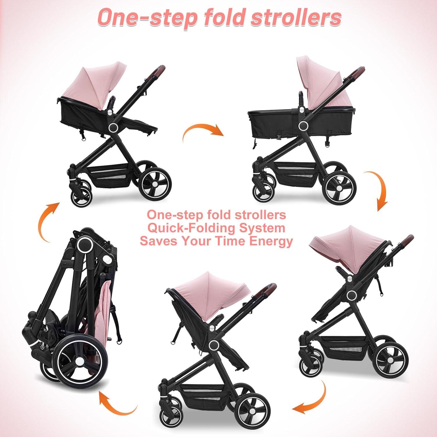 2 in 1 Baby Stroller for Toddler 0-3, Bassinet Stroller for Toddler with Large Storage Basket, Shock Absorbing，Stroller for Newborn with Removable Seat, Cup Holder，Stroller That Converts to Bassinet