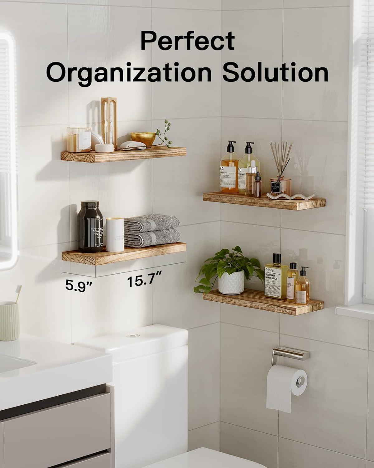 Floating Shelves, Paulownia Wood Wall Shelves for Bathroom/Living Room/Bedroom/Kitchen/Home Office, Natural Wood Floating Shelf for Home Storage & Organization, Set of 4, AMFS40W