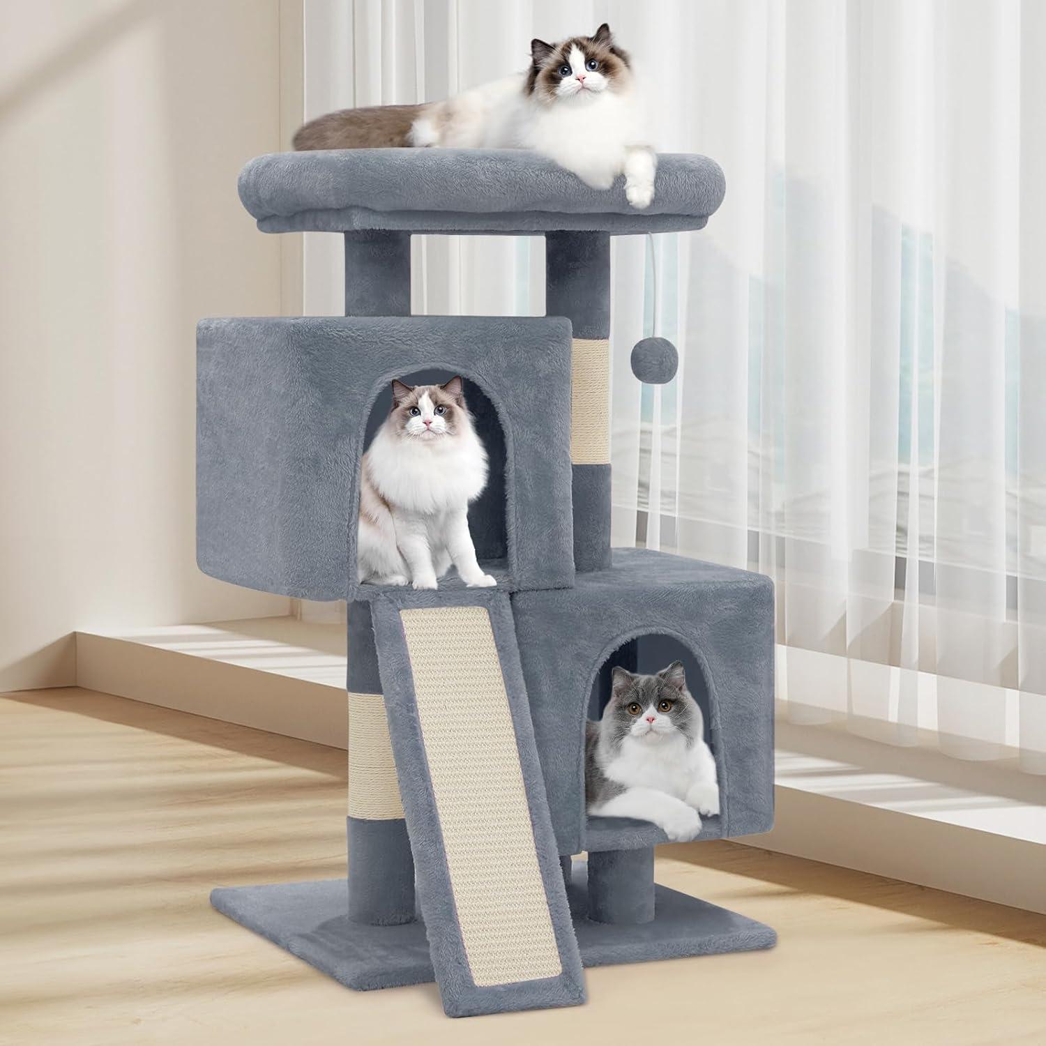 Magshion 34-in Cat Tree & Kittens Play House, Double Level Plush Cat Condo for Indoor Cats, Light Gray