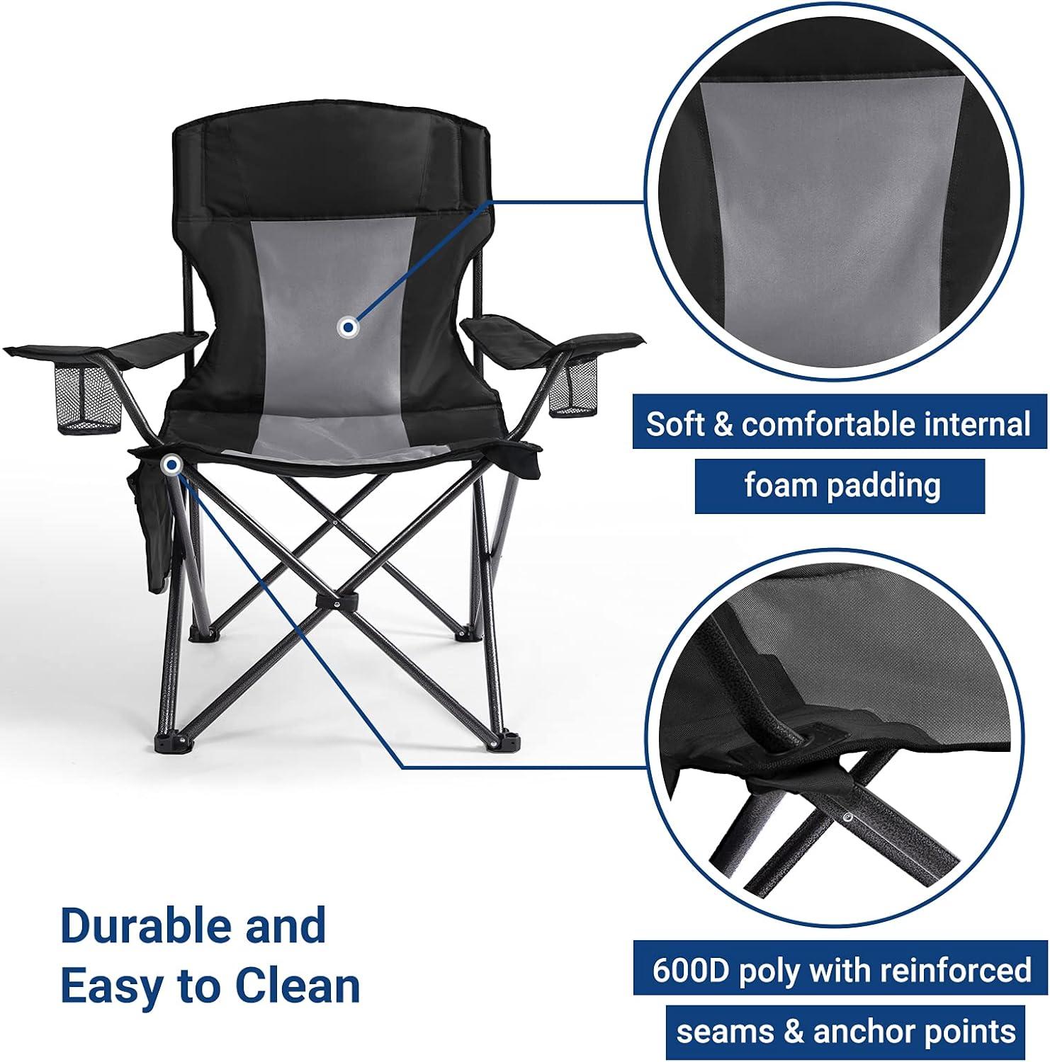 Camping Folding Chair Padded Quad Arm Chair with Large Cup Holders, Side Organizer & Back Pocket for Outdoor, Camp, Indoor, Patio, Fishing, Supports 350lbs , Black and Gray