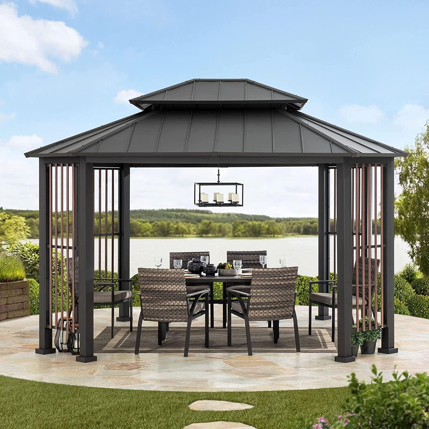 Sunjoy Sunjoy 11 x 13 ft. Hardtop Gazebo Outdoor Galvanized Steel Gazebo w/ Metal Gable Roof and Movable Ceiling Hook, Suitable for Patio & Backyard