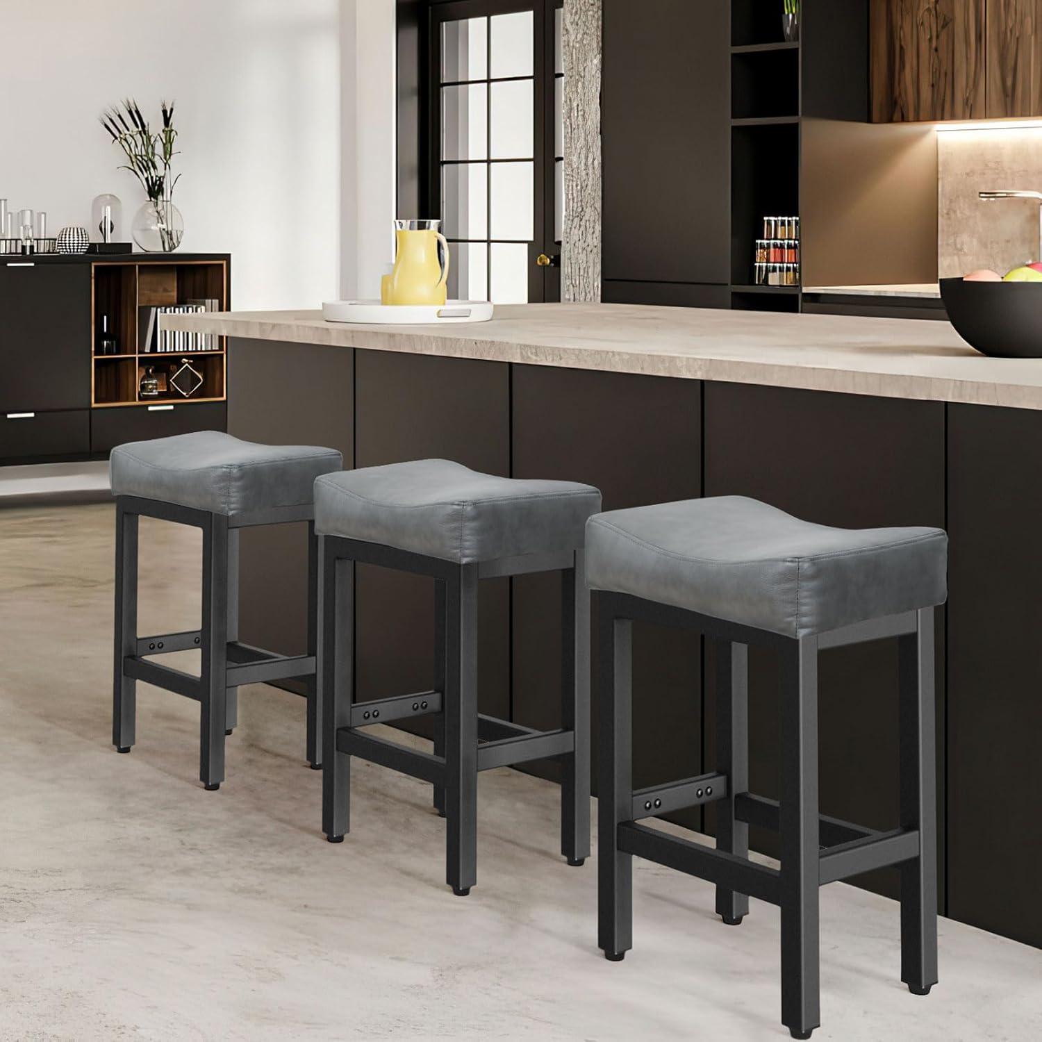 Bar Stools Set of 2,24 Inch Counter Height Stools,Saddle Stools,Metal Frame Bar Stools with Footrest, PU Leather Modern Kitchen Barstools for Kitchen Island,Counter, Pub