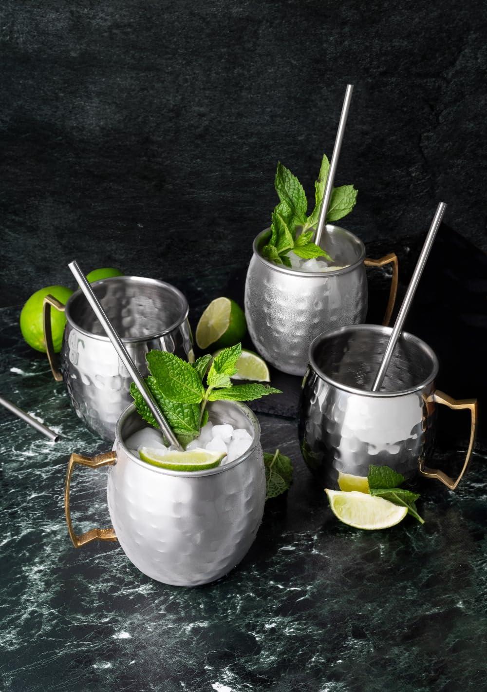 Sol Living Moscow Mule Mugs Set of 4, 14 oz Stainless Steel Lining Silver Cups Handcrafted Barware Set for Cocktails Mixed Drinks Bar Accessories Gift Set Hammered Finish Mugs Perfect for Cold Drinks