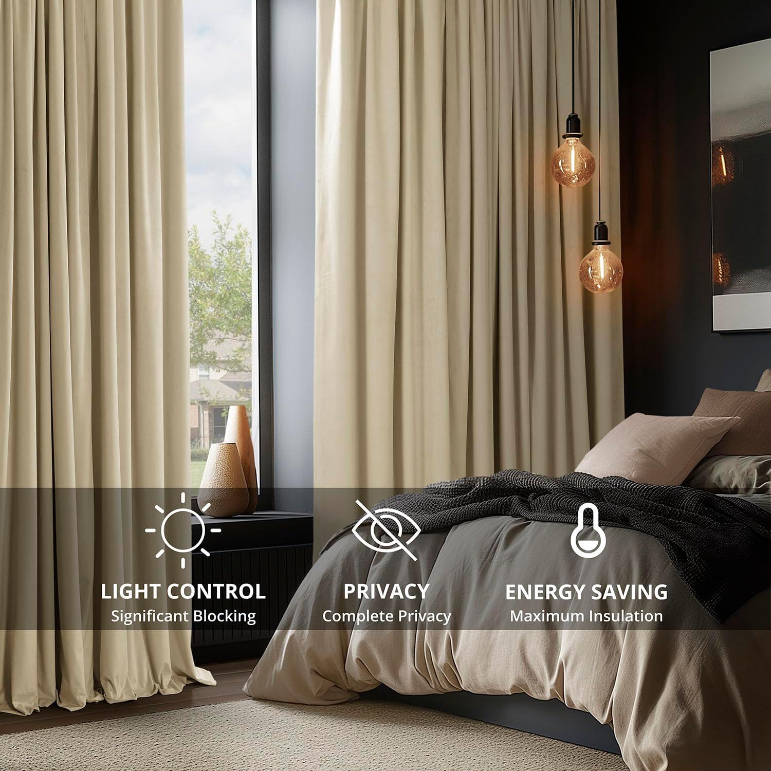Exclusive Fabrics  Signature Extra Wide Blackout Velvet Curtains (1 Panel) - Luxurious Blackout Drapes Neutral Ground 100 x 84 84 Inches