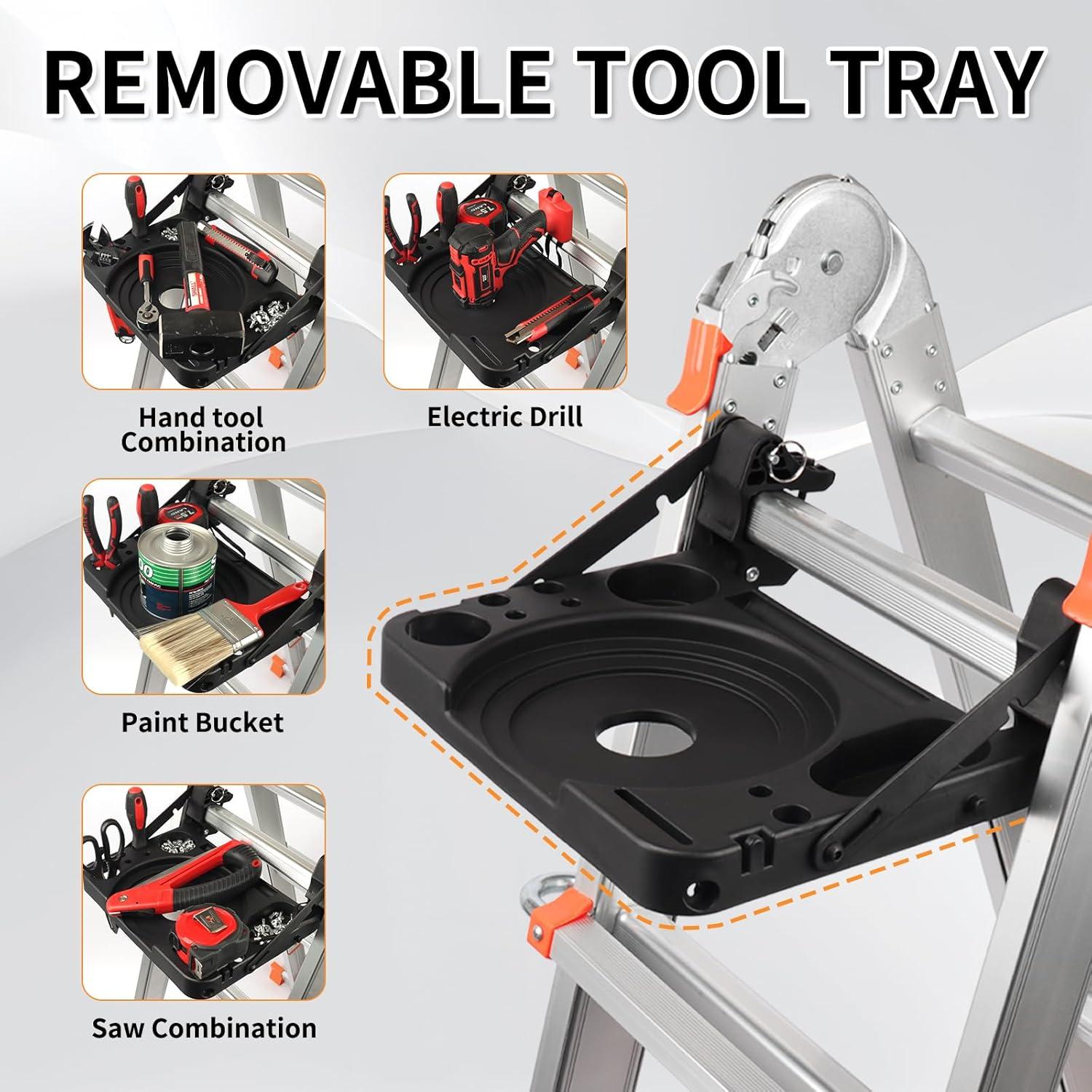 Valeo Ladder 11FT, Multi Position 3 Step Ladder Extension, Anti-Slip A Frame Folding Ladder with Removable Tool Tray, 330lbs Adjustable Telescopic Aluminum Ladders for Stairs Home Indoor Outdoor Roof