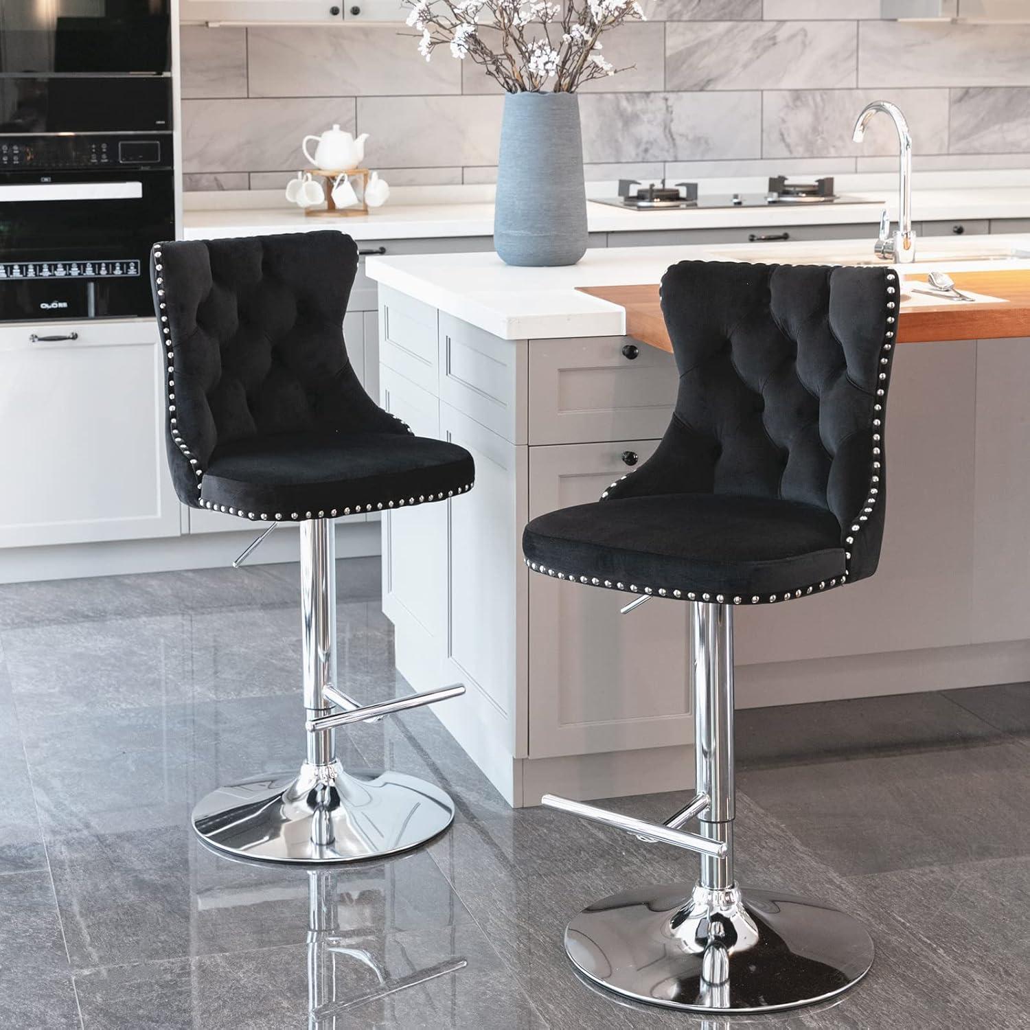 Swivel Barstools with High Back, 2pcs Velvet Bar Chairs with Button Tufted and Nailheads Trim, Counter Height Bar Stools for Home Bar Kitchen Island Cafe,Adjusatble Seat Height, Black+Silver