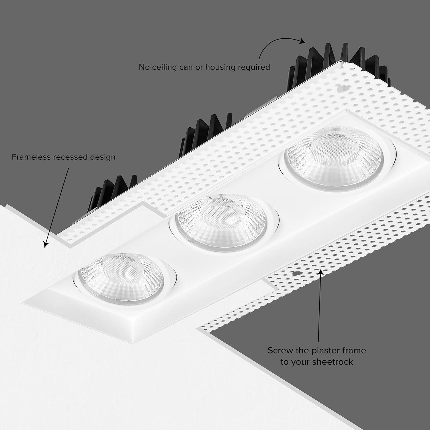 Maxxima 4 in. 3 Head Trimless LED Slim Square Recessed Anti-Glare Gimbal Downlight, White, Canless IC Rated, 3000 Lumens, 5 CCT 2700K-5000K