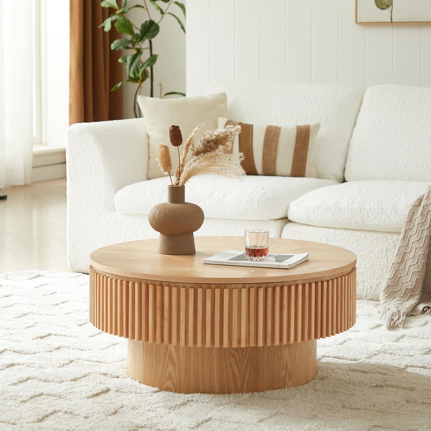 HomVent 31.5'' Round Coffee Table with Storage, Modern Wooden Coffee Table with Solid Wood Veneered, Circle Center Table Accent Tea Table for Living Room, Small Space, Apartment