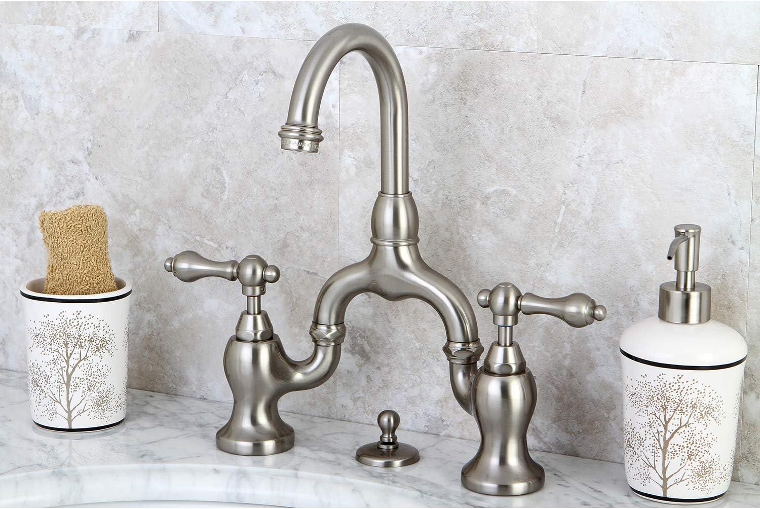 Kingston Brass English Country Two-Handle 3-Hole Deck Mount Bridge Bathroom Faucet with Brass Pop-Up