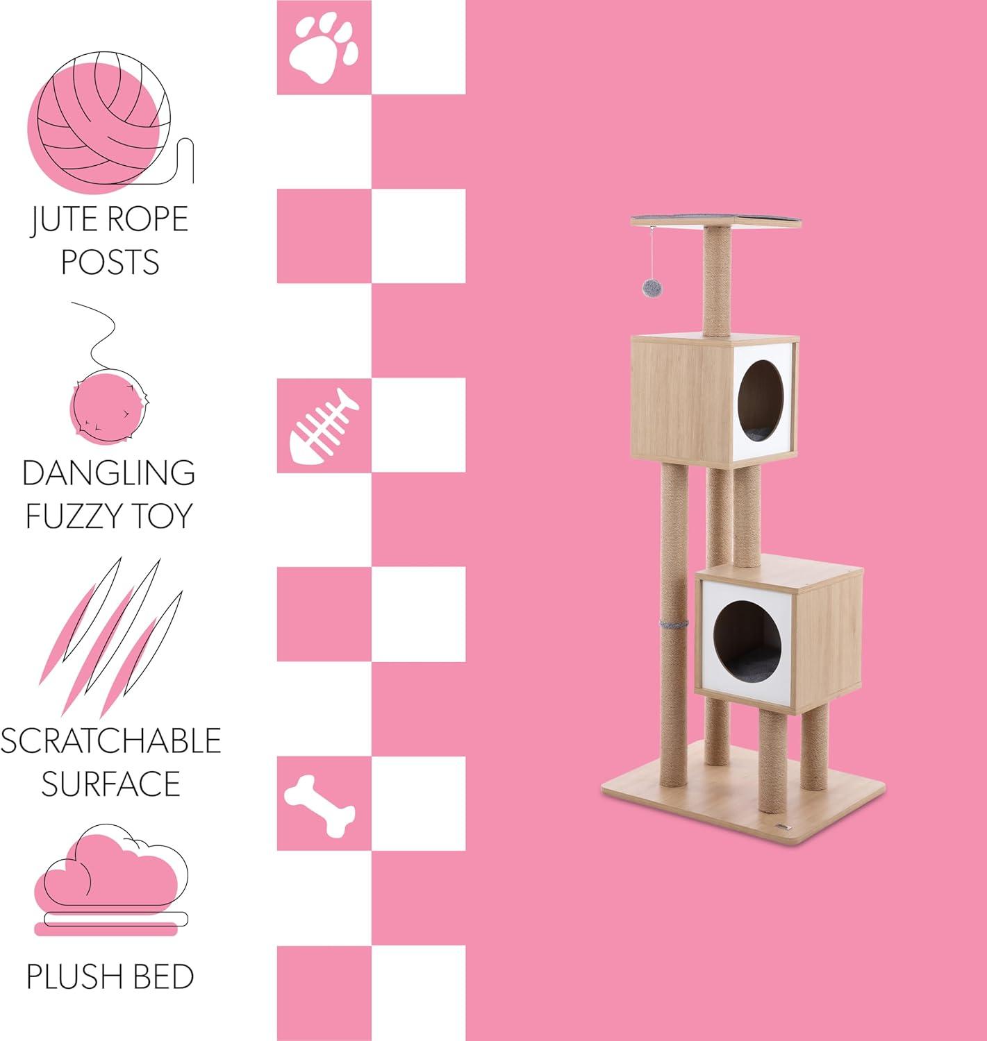 Sawyer 56" 3-Tier Minimalist Jute Cat Tree Condo with Scratching posts, and Fuzzy Toy, Brown/White
