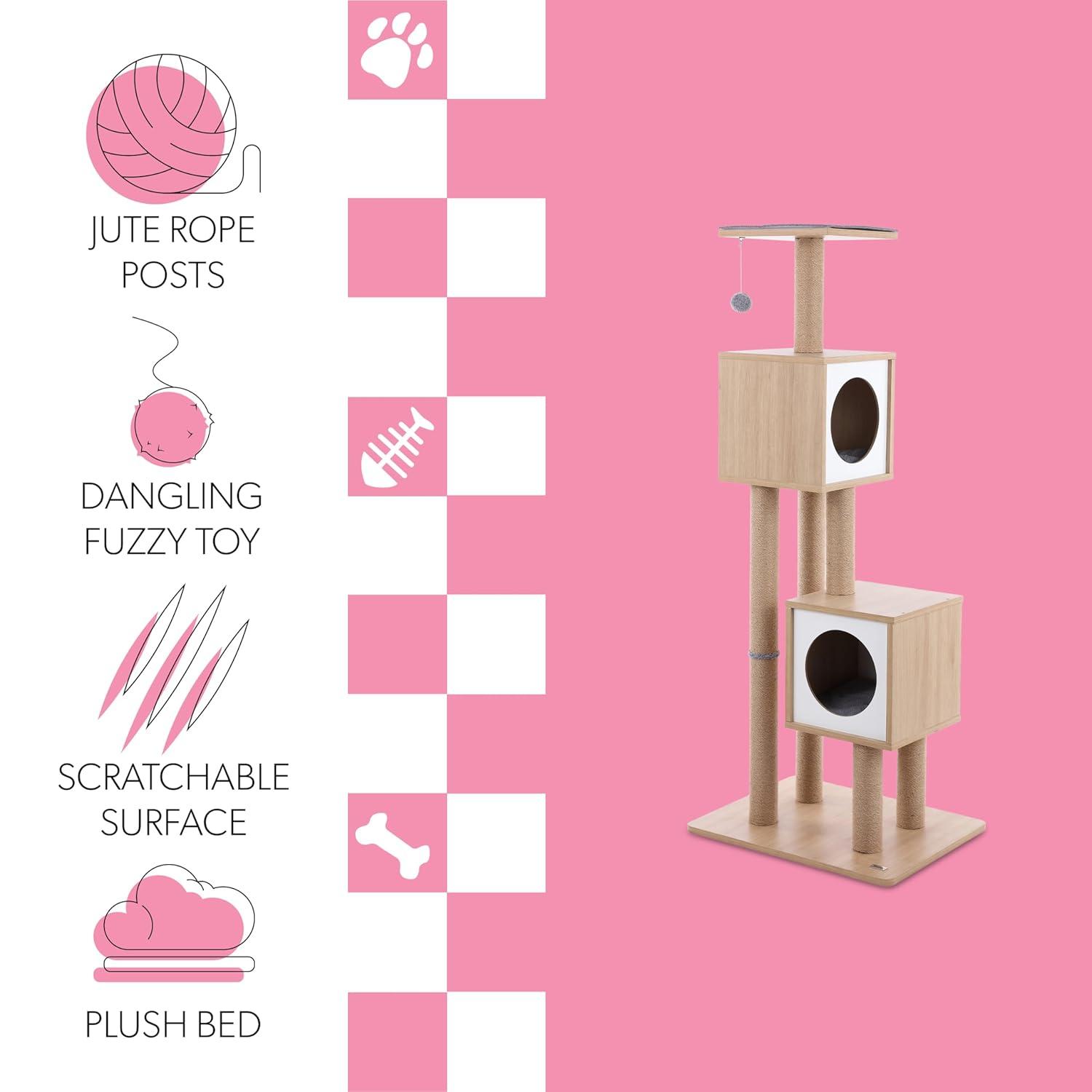 Sawyer 56" 3-Tier Minimalist Jute Cat Tree Condo with Scratching posts, and Fuzzy Toy, Brown/White