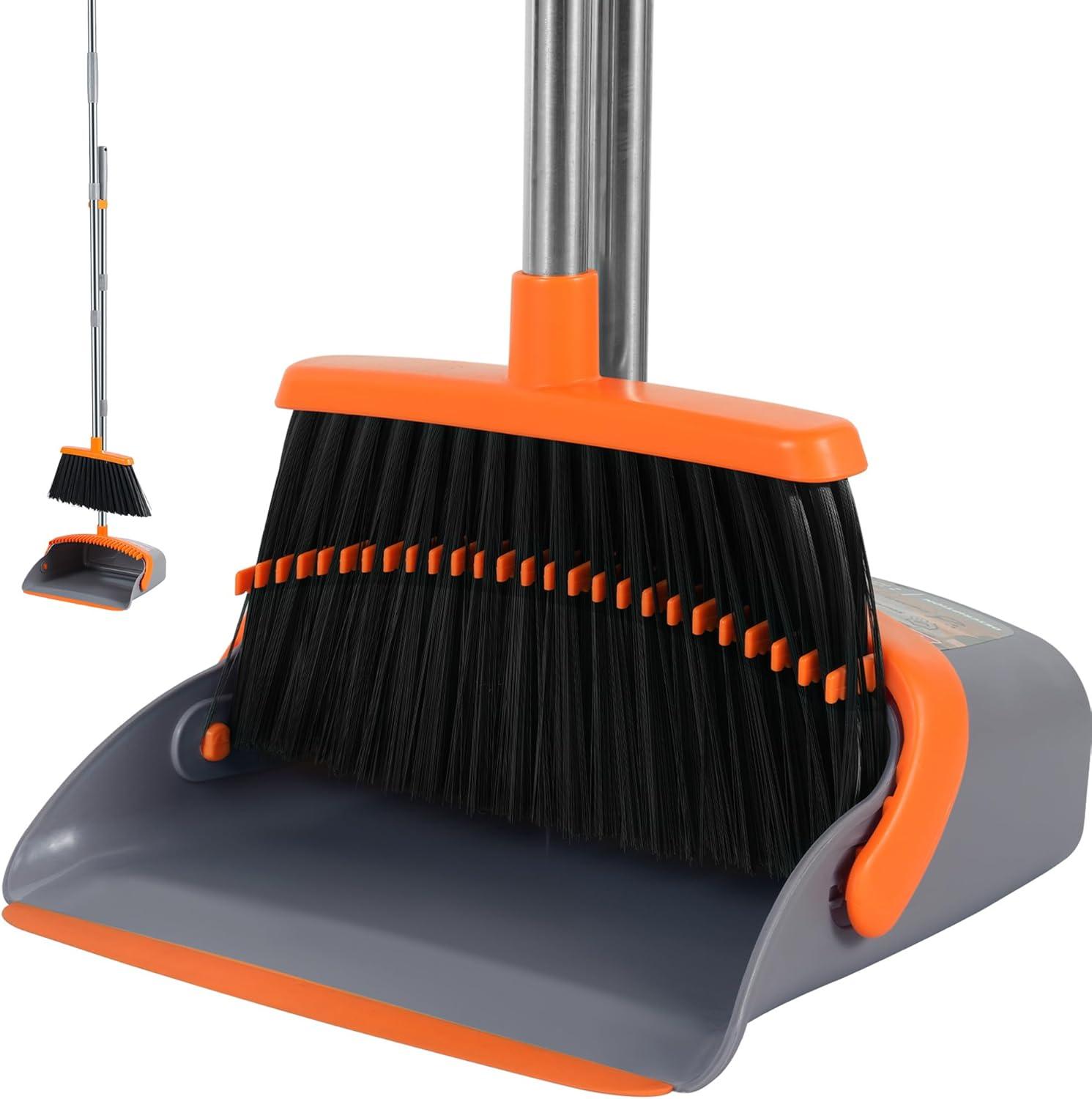 Broom and Dustpan Set for Home, Broom and Dustpan Combo for Office, Long Handle Broom with Upright Standing Dust pan,Indoor&Outdoor Sweeping (Gray&Orange)